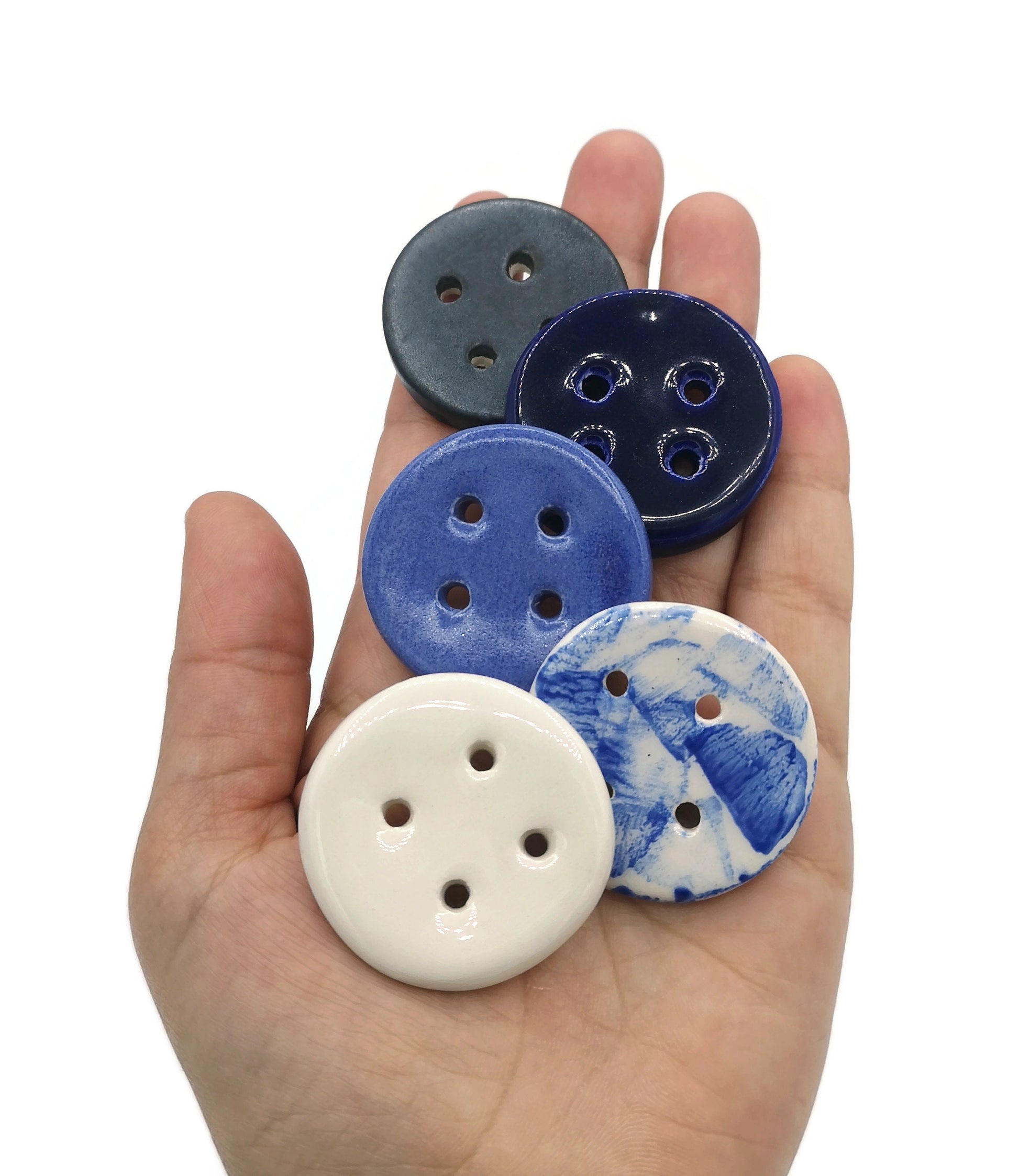 5Pc 40mm Round Sewing Buttons, Handmade Ceramic Unique Coat Buttons Set, Blue Sewing Button For Jewelry Making, Sewing Supplies And Notions - Ceramica Ana Rafael