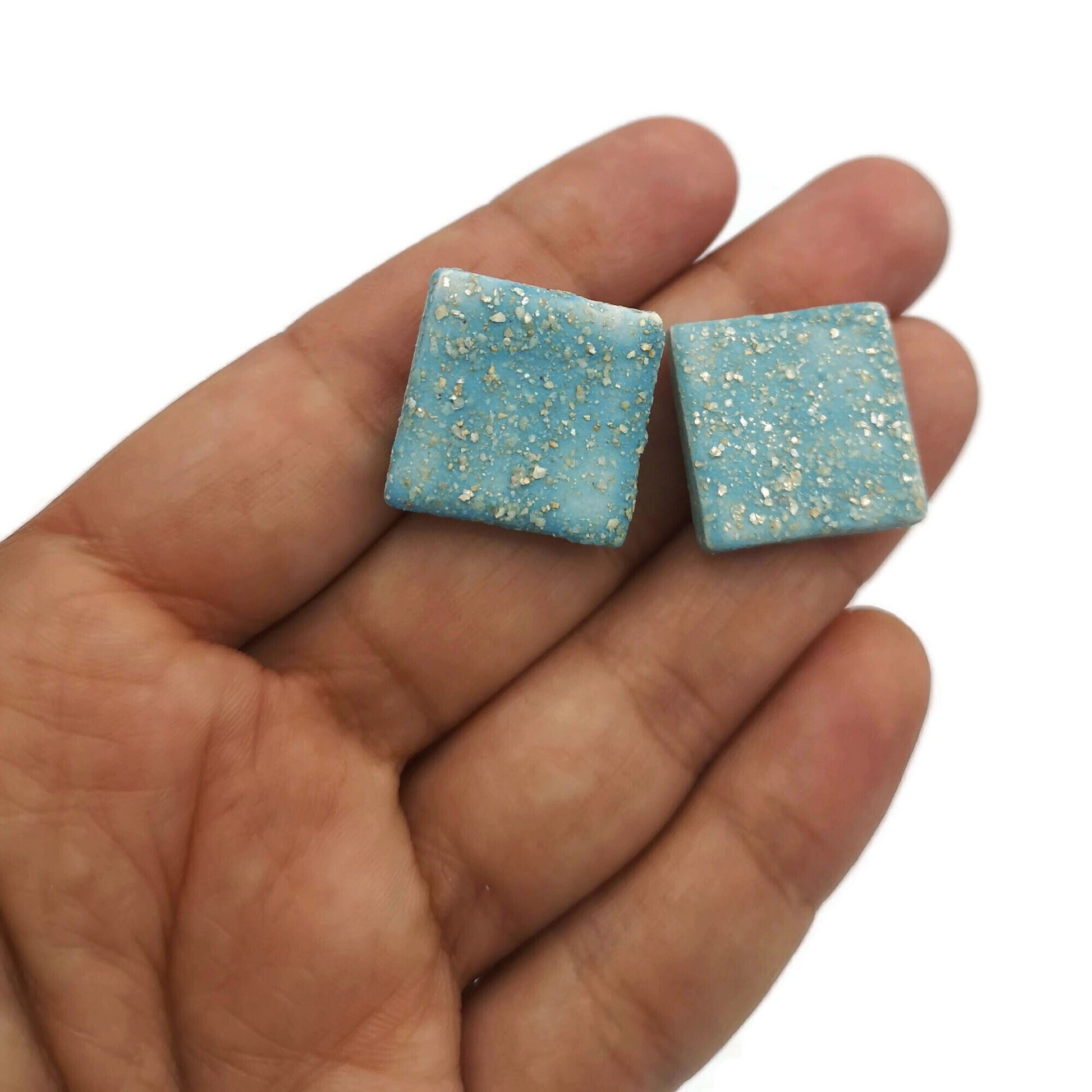 CLAY STUD EARRINGS, Geometric Earrings, Turquoise Studs, Sparkling Blue Designer Earrings, Easter Basket Stuffer Best Gifts For Her - Ceramica Ana Rafael