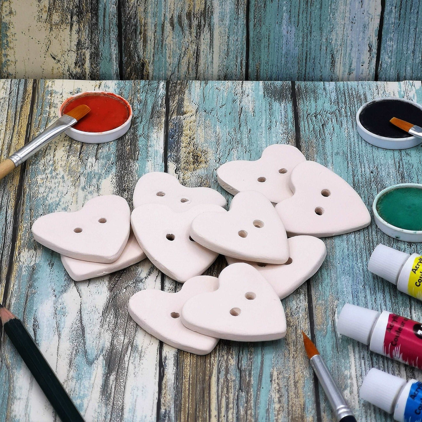 10Pc Large Heart Sewing Buttons Blank, Unpainted Ceramic Bisque Ready To Paint, Best Sellers Do It Yourself
