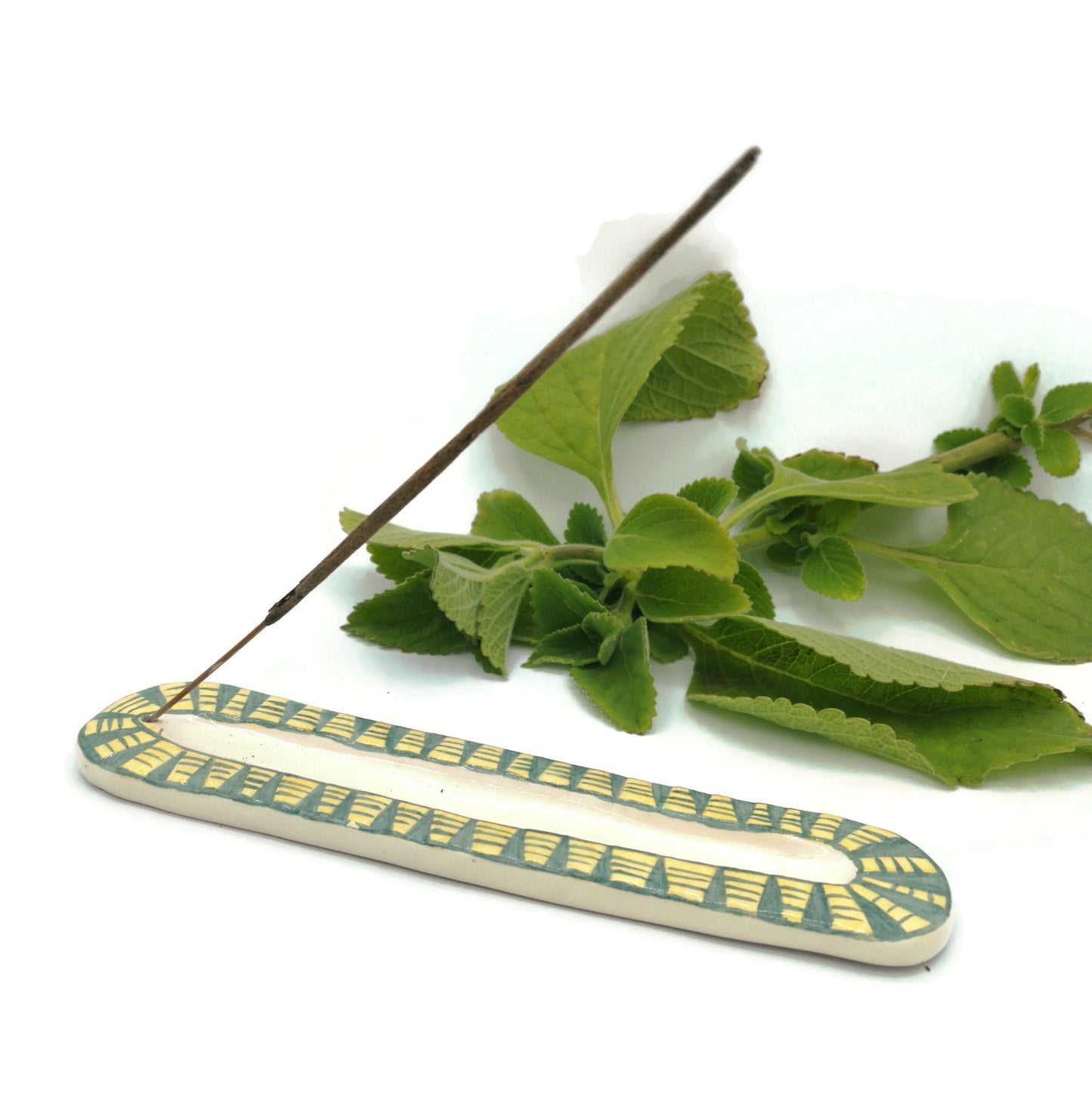 Handmade Ceramic Incense Stick Holder, Hand Pinted Green And Yellow Long Incense Tray, Artisan Portuguese Potery Gift Idea For Women - Ceramica Ana Rafael