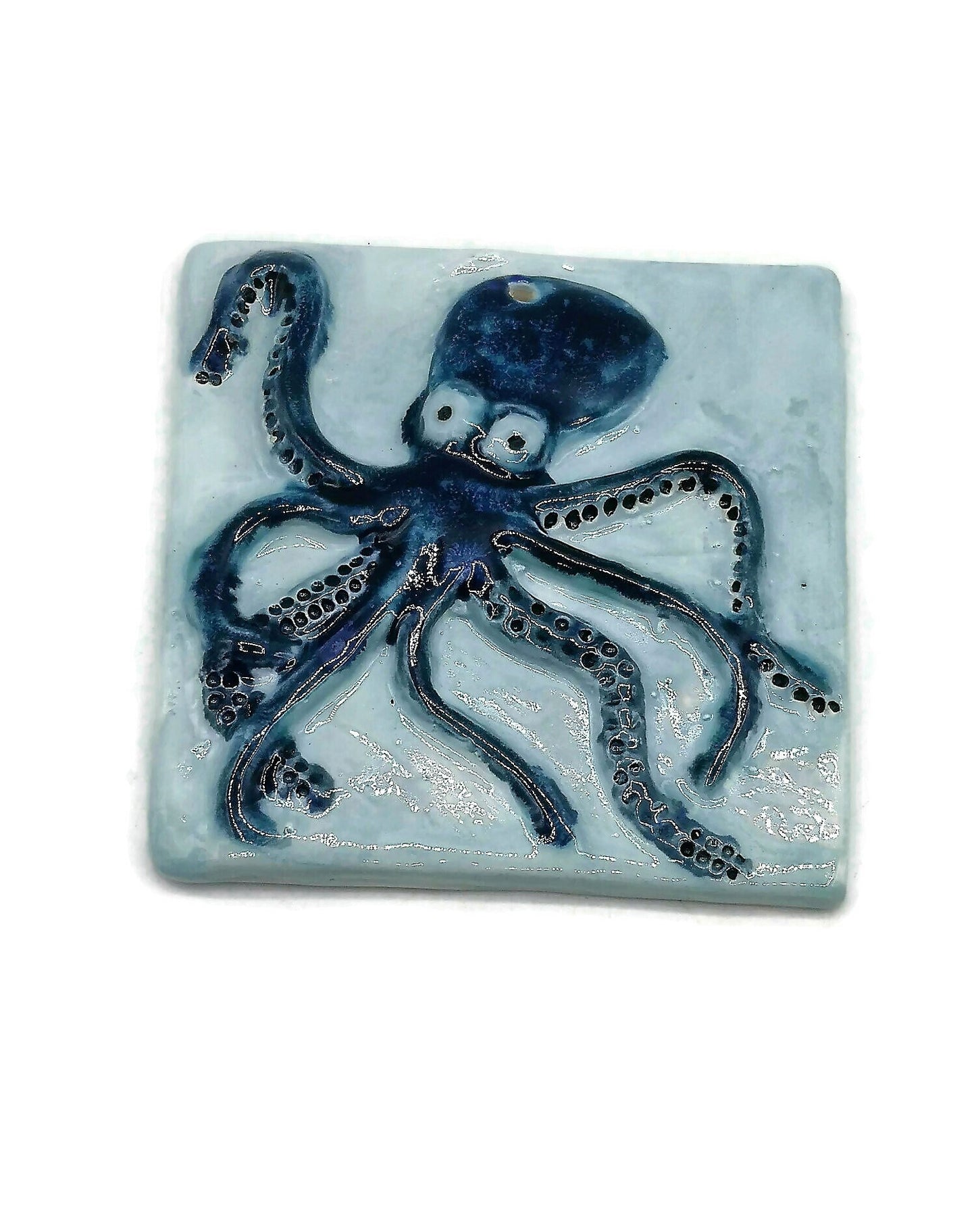 Handmade Ceramic Octopus Tile With Hole To Hang, Blue Octopus Wall Decor, Beach Lover Gift for Women - Ceramica Ana Rafael