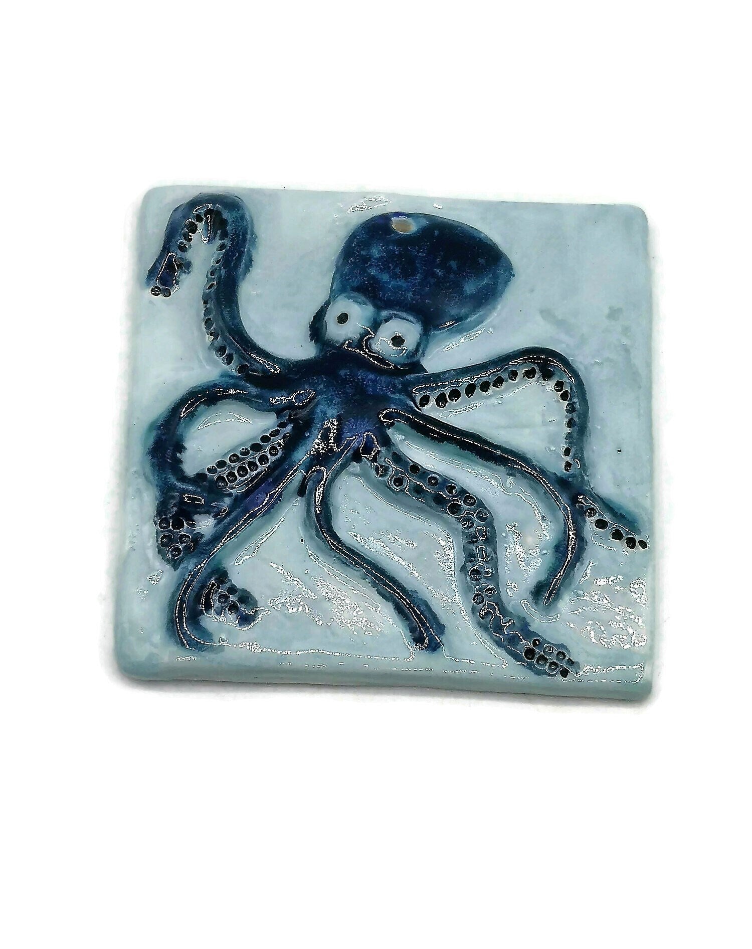 Handmade Ceramic Octopus Tile With Hole To Hang, Blue Octopus Wall Decor, Beach Lover Gift for Women - Ceramica Ana Rafael