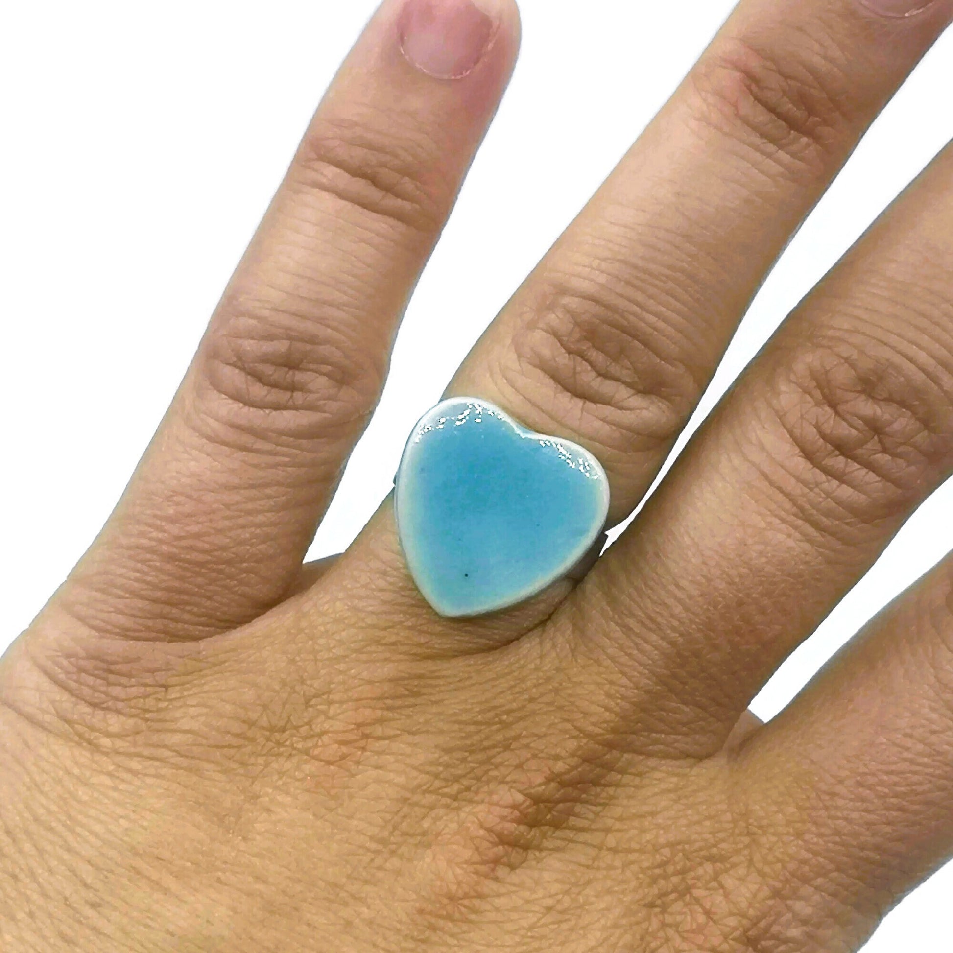 Handmade Ceramic Turquoise Blue Heart Statement Ring For Women, Stainless Steel Adjustable Ring, Porcelain 9th Anniversary Gifts For Her - Ceramica Ana Rafael