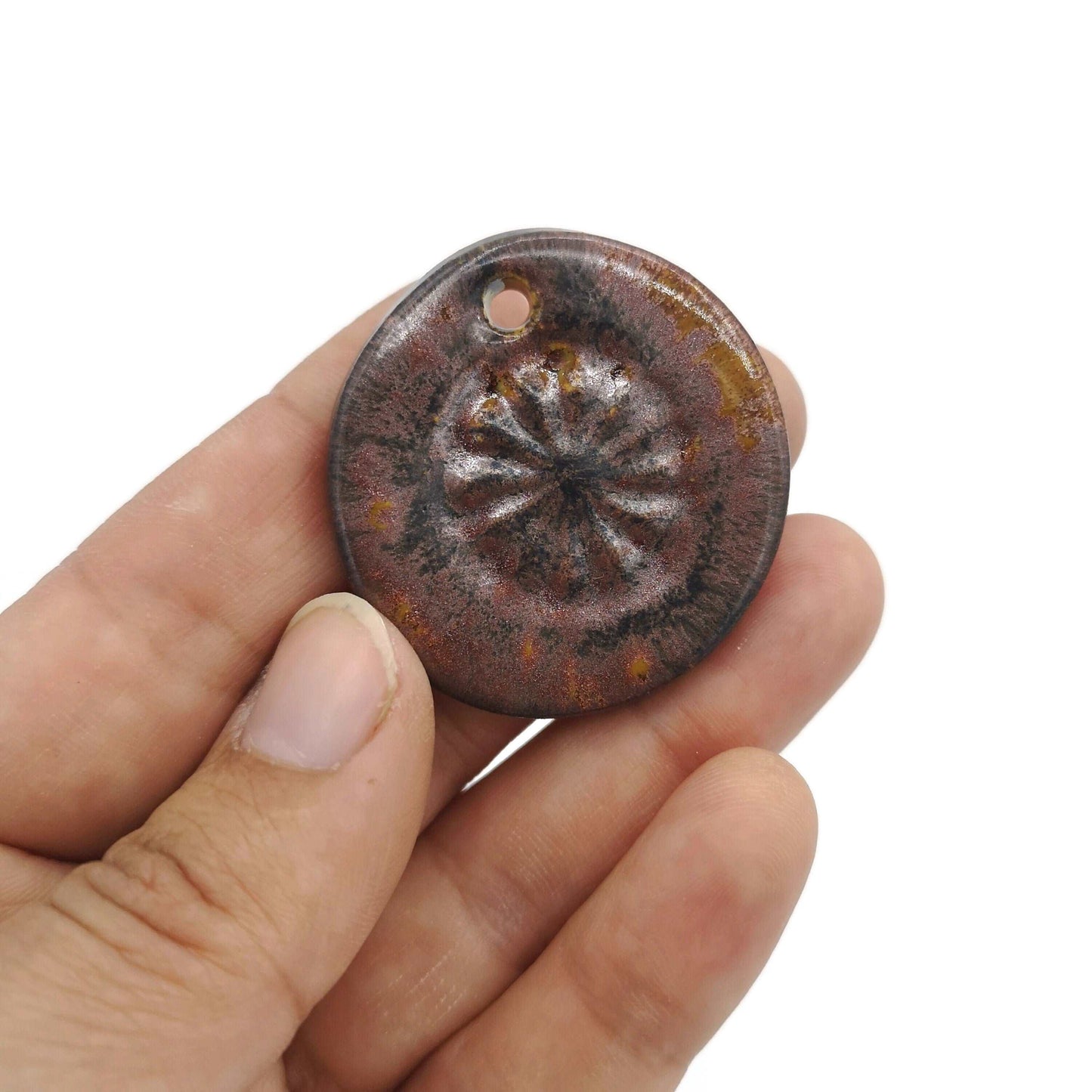 1Pc 40mm Extra Large Handmade Ceramic Necklace Pendant For Jewelry Making With Cooper Tones Poppy Design, Unique Clay Charm