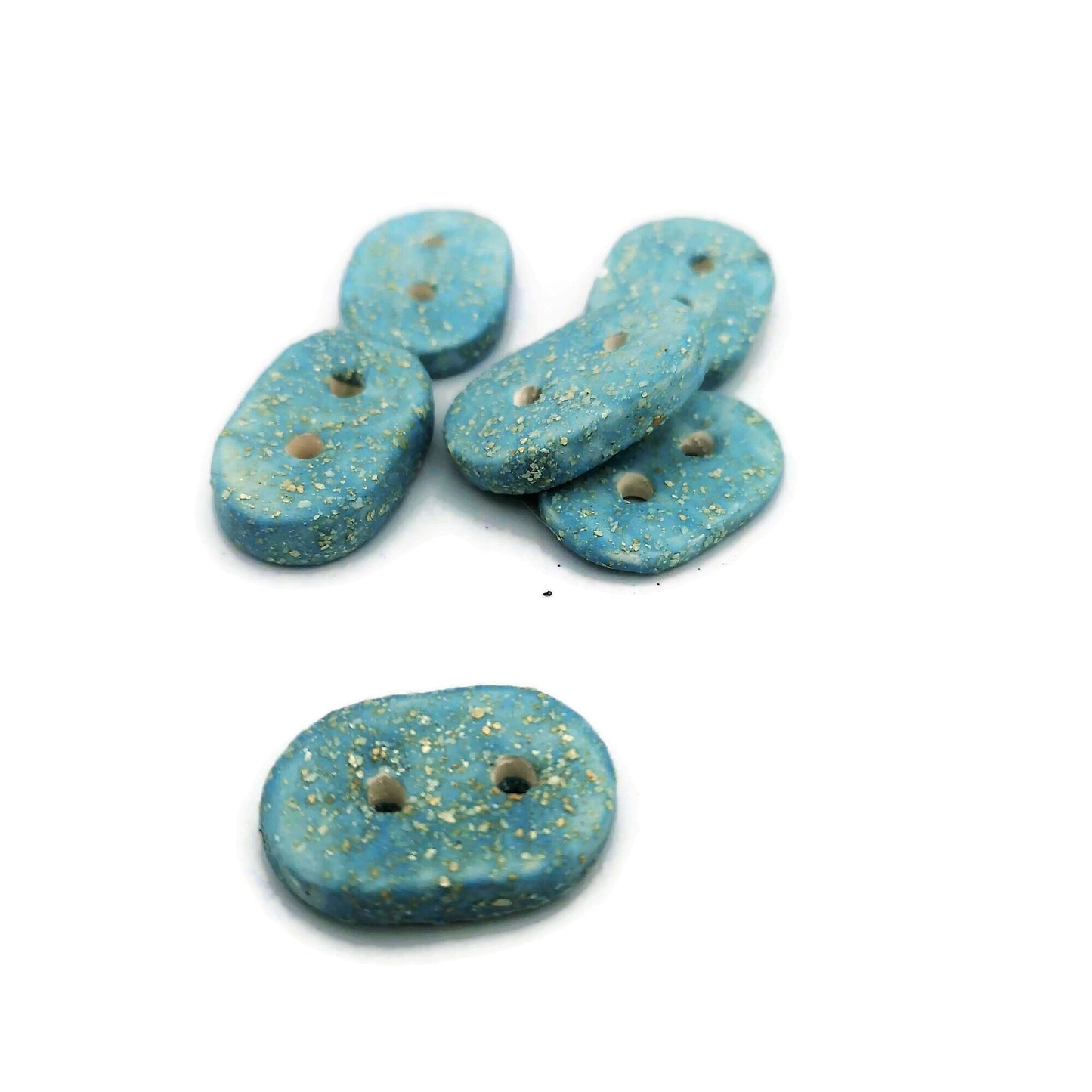6Pc Handmade Ceramic Oval Sewing Button For Clothing, 3 cm 2 Hole Sparkly Turquoise Blue Decorative Knitting Button, Lightweight and Smooth - Ceramica Ana Rafael