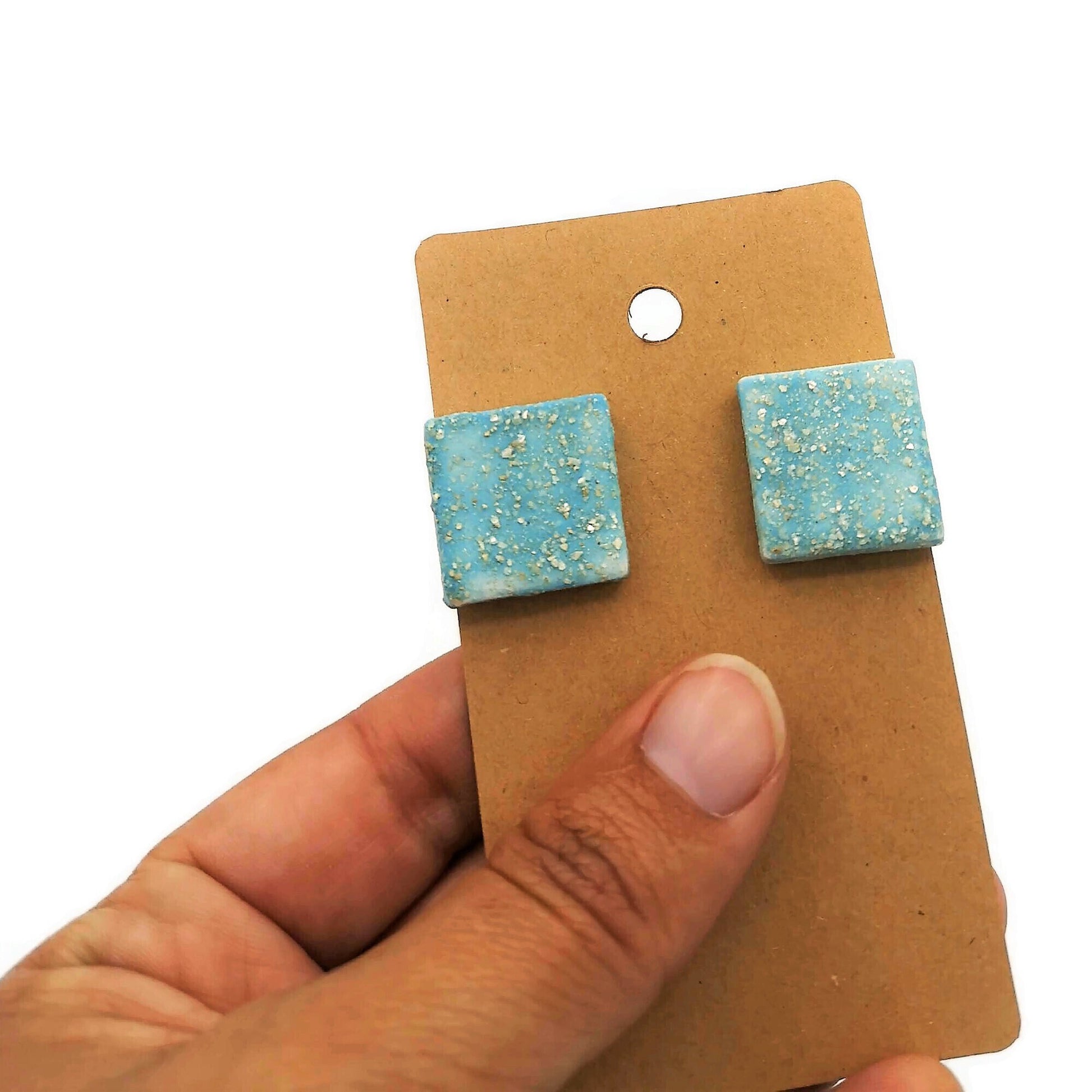 CLAY STUD EARRINGS, Geometric Earrings, Turquoise Studs, Sparkling Blue Designer Earrings, Easter Basket Stuffer Best Gifts For Her - Ceramica Ana Rafael