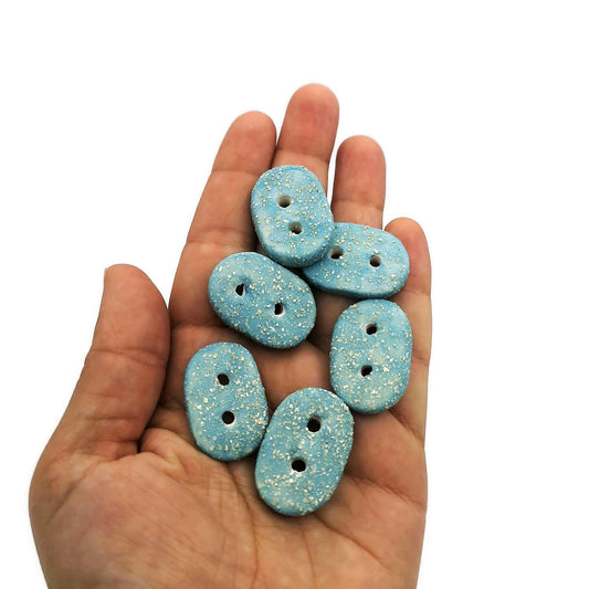 6Pc Handmade Ceramic Oval Sewing Button For Clothing, 3 cm 2 Hole Sparkly Turquoise Blue Decorative Knitting Button, Lightweight and Smooth - Ceramica Ana Rafael