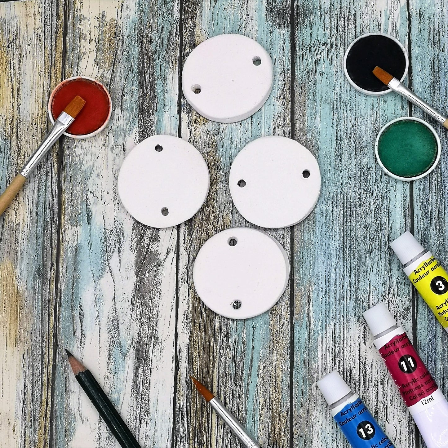 Pendant Blanks, Handmade Ceramic Bisque Charms 2 Holes Ready to Paint, Set of 4 Geometric Pendant, Diy Decorative Round Shape - Ceramica Ana Rafael