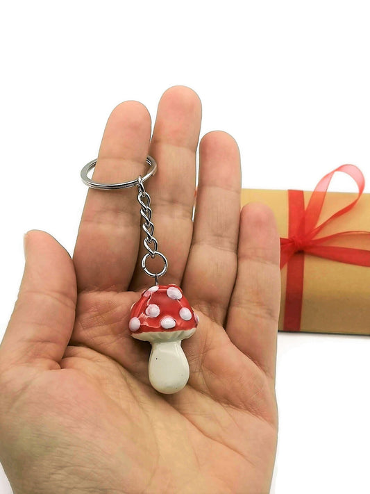 Handmade Ceramic Red Mushroom Keychain For Women, Cut Mushroom Charm Key Chain Gift For Her, Unique Artisan Cottagecore Accessories - Ceramica Ana Rafael