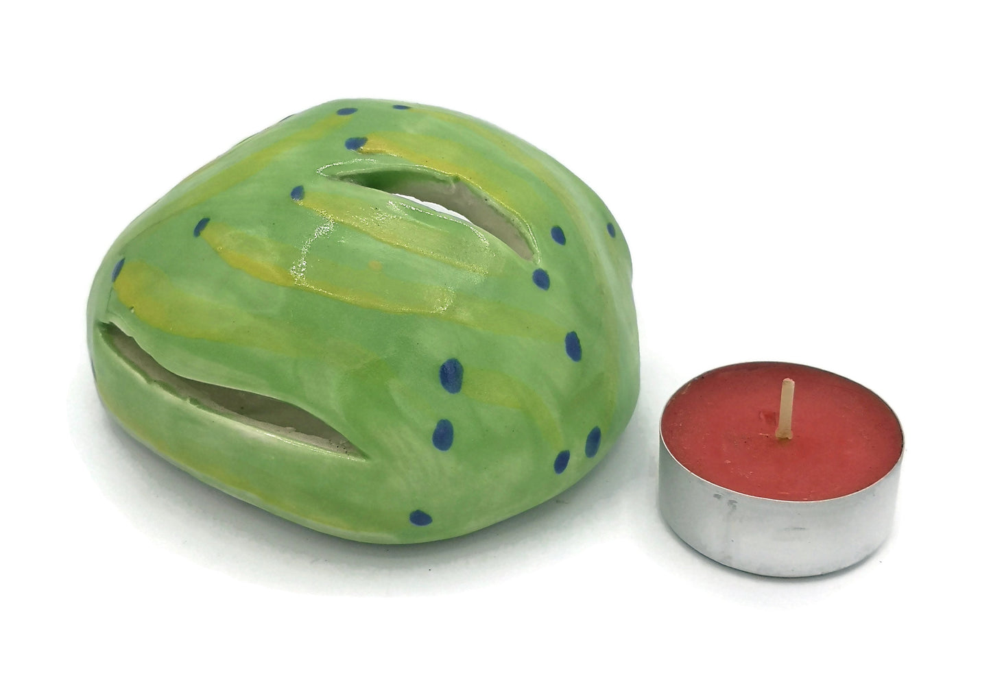 Handmade Ceramic Tea Light Holder Hand Painted Green For Home Decor, Votive Candle Holder, Tealight Holder, Mom Birthday Gift From Daughter - Ceramica Ana Rafael