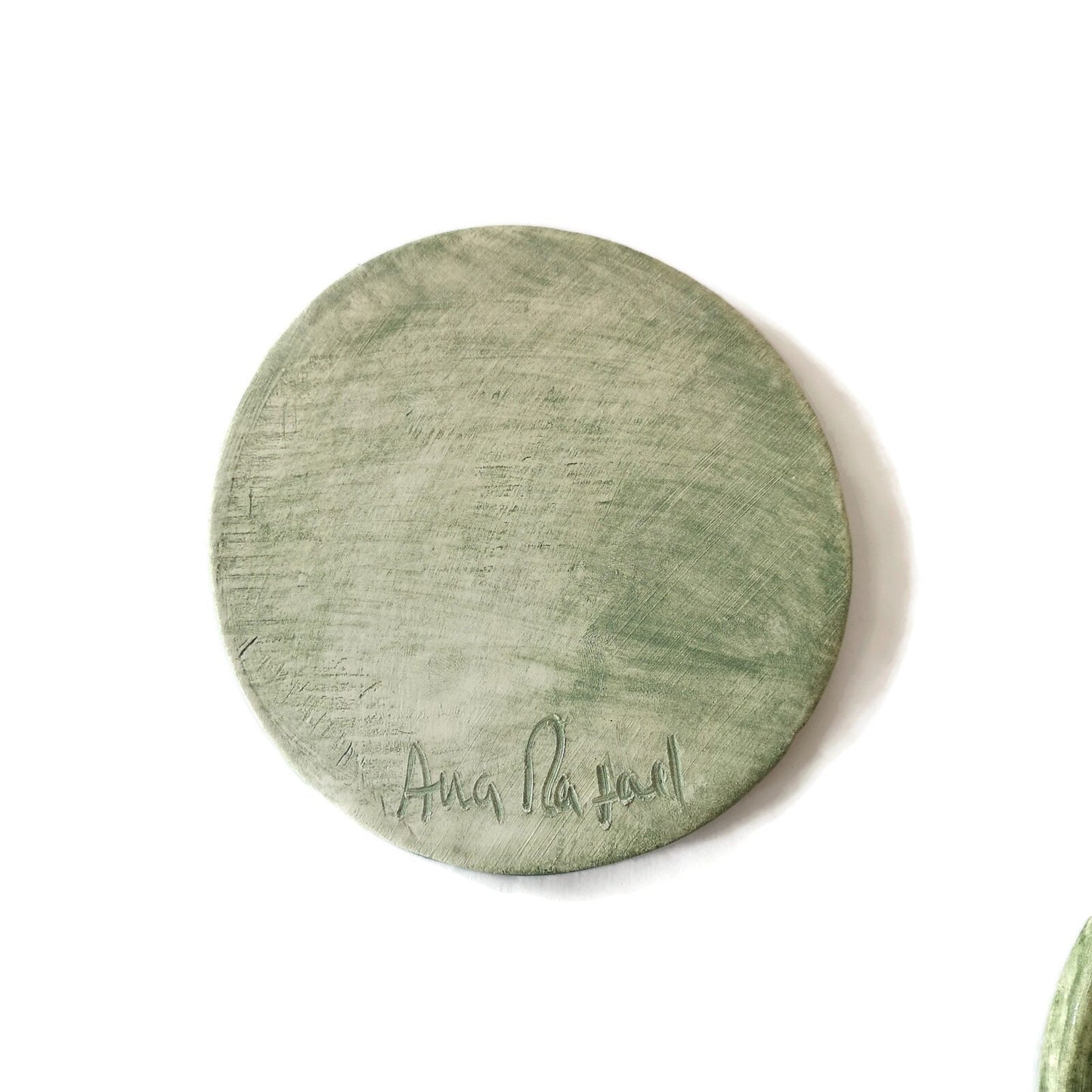 3Pcs Handmade Ceramic Coasters, Round Tiles With Cork Back and Green Lavender Leaves Design, Beer Coasters, Unusual Modern Pressed Plant - Ceramica Ana Rafael