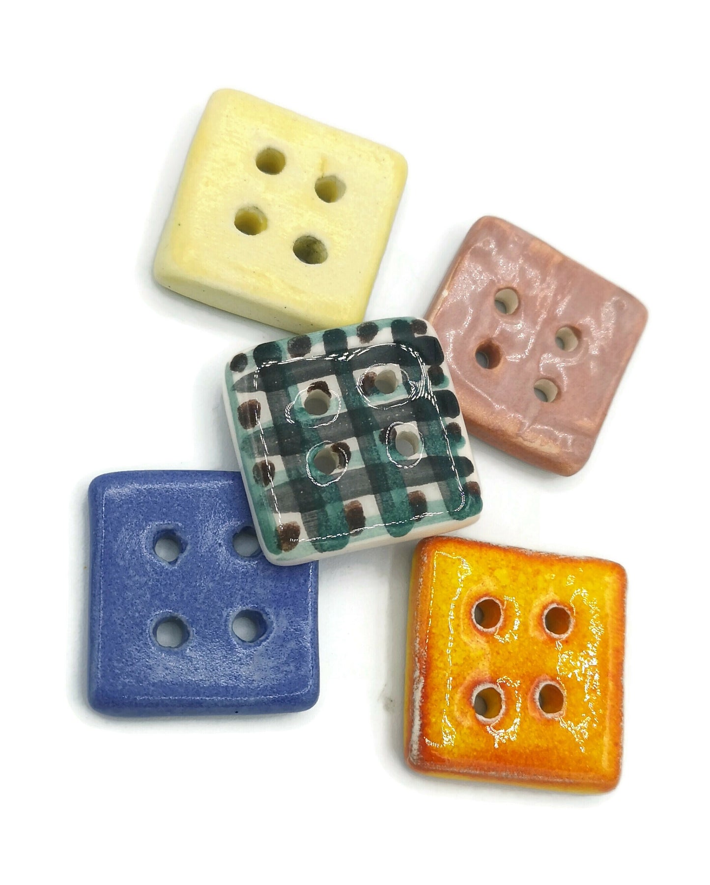 5Pc 30mm Extra Large Sewing Buttons Square Shape 4 Holes Flat Back, Unique Colorful Handmade Ceramic Buttons With Hand Painted Glossy Glaze - Ceramica Ana Rafael