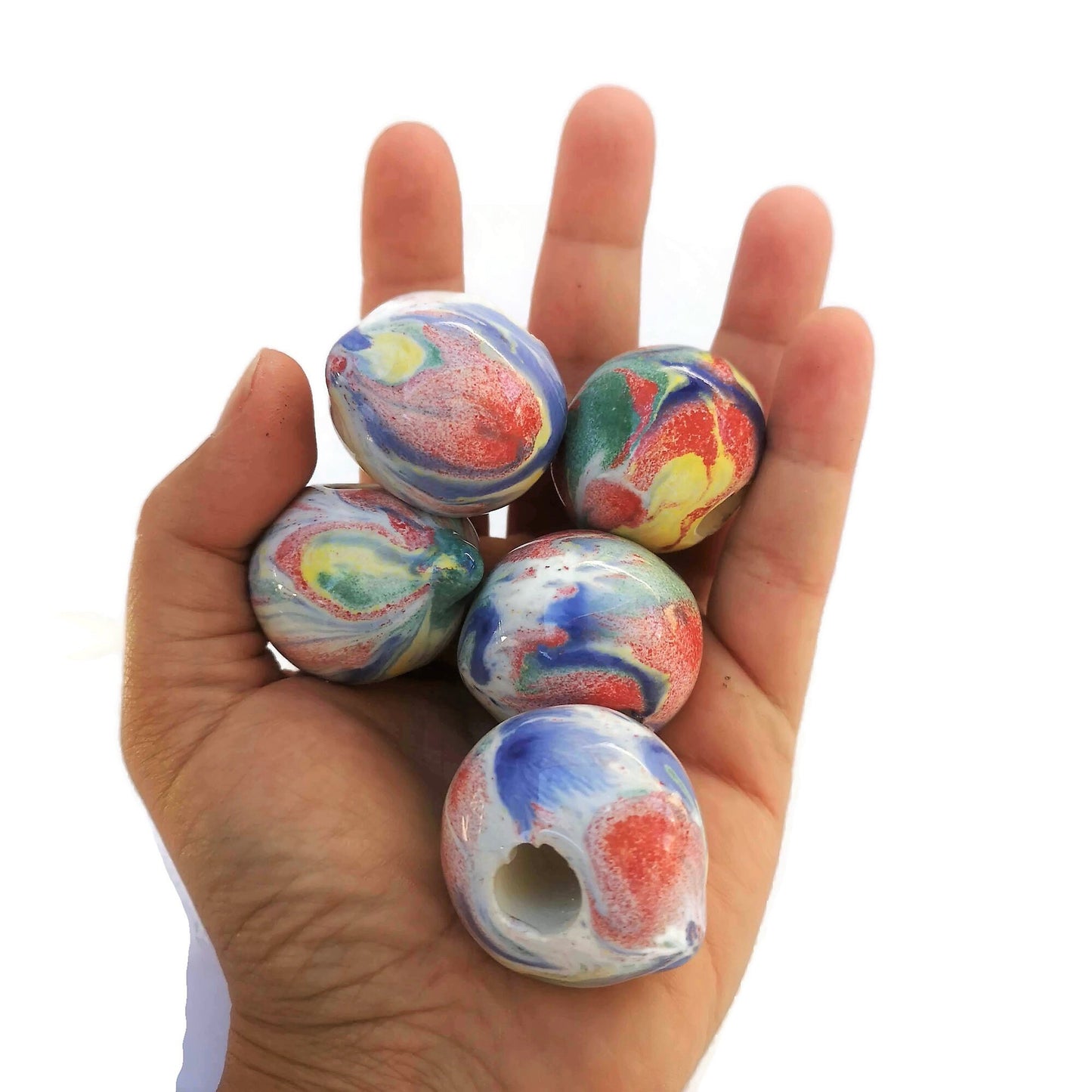 5Pc Macrame Ceramic Beads Large Hole, Handmade Bubblegum Beads, Decorative Unique Jumbo Round Clay Beads For Crafts And Jewelry Making - Ceramica Ana Rafael