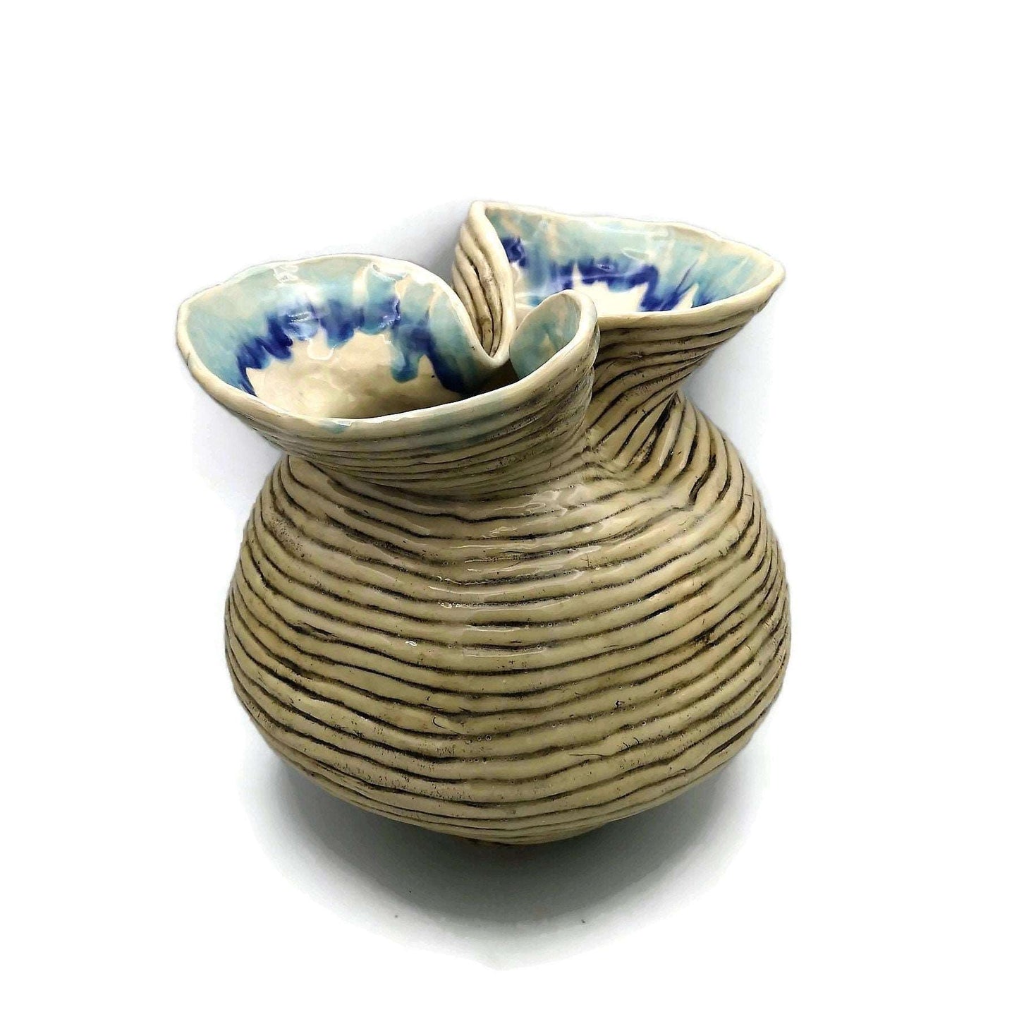 11 Inches Handmade Tall Ceramic Sculpture, Contemporary Sculptural Vase Textured For Table, Mid Century Modern Clay Pottery Large Bud Vase