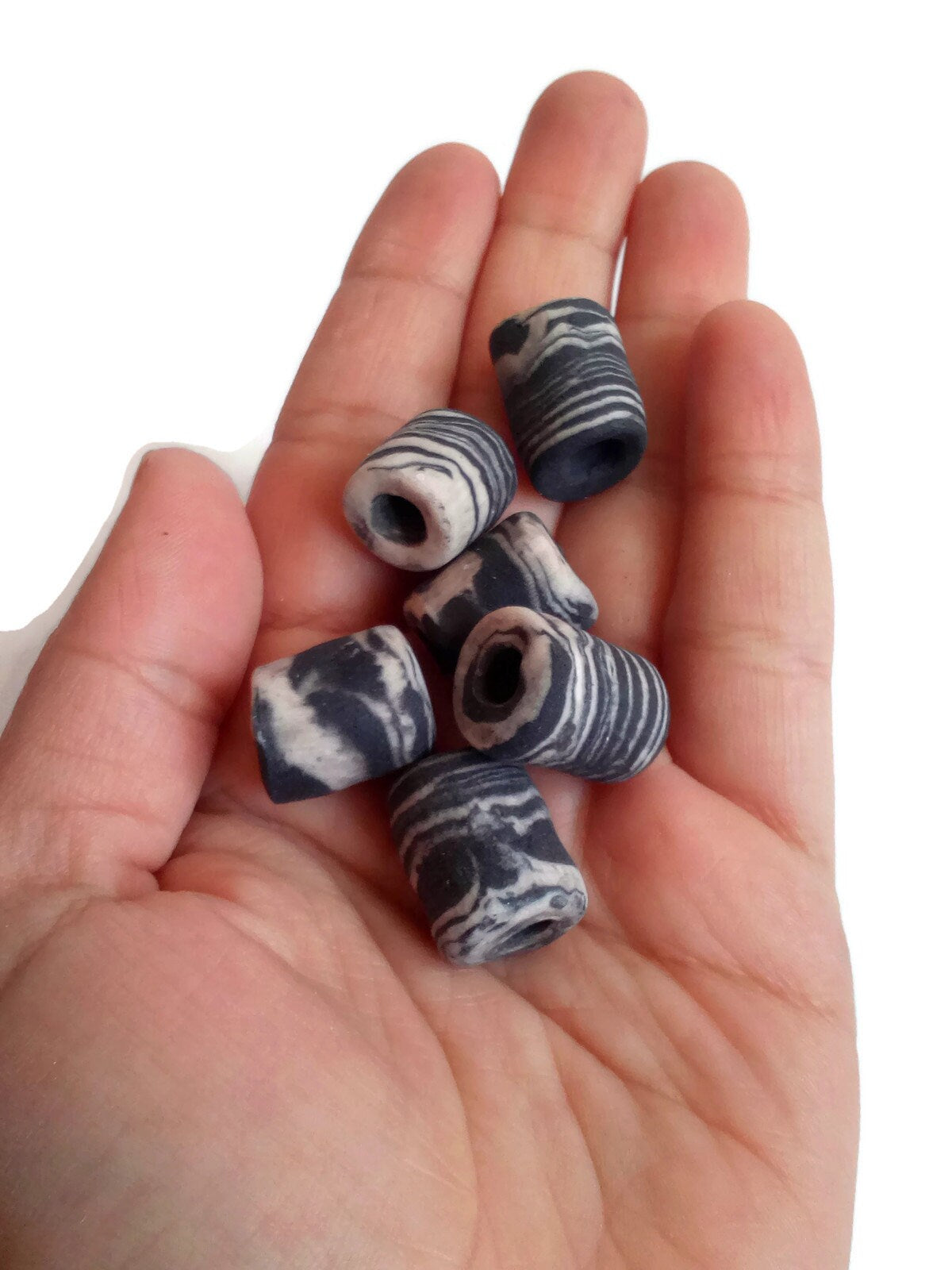 6Pcs Macrame beads large hole, handmade ceramic tube beads for jewelry making, unique black and white beads, dreadlock beads, best sellers - Ceramica Ana Rafael