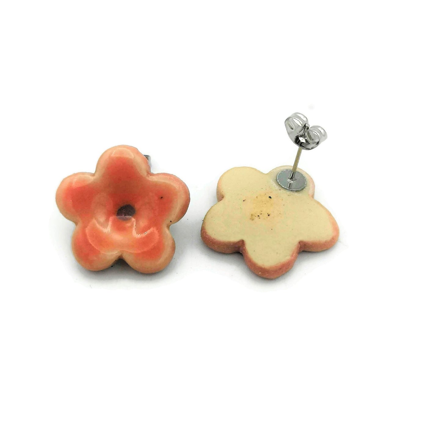 Pink Flower Stud Earrings, Ceramic Dainty Earrings Cute Jewelry For Teen Girl Gifts, Small Clay Boho Designer Earrings, Best Gifts For Her - Ceramica Ana Rafael