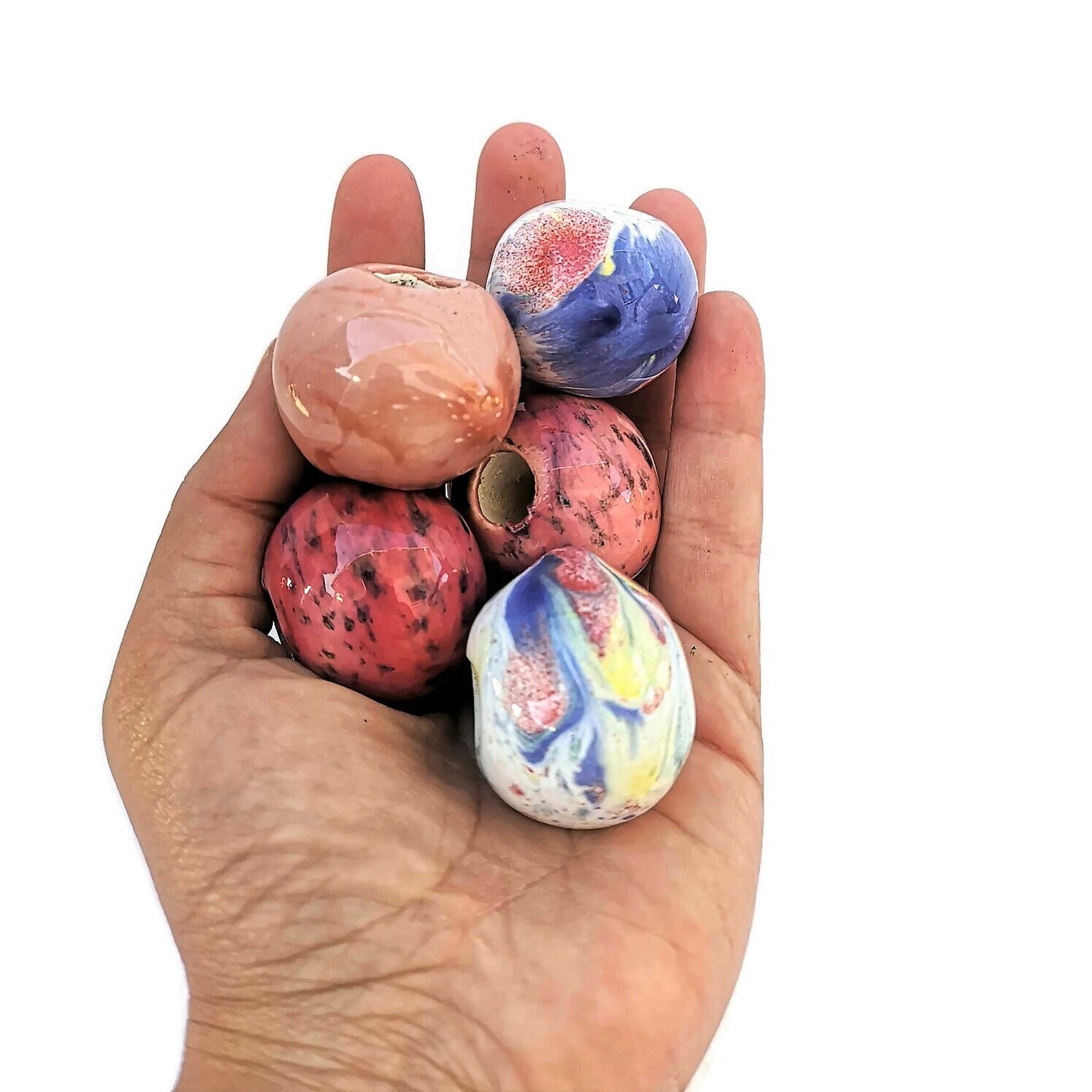 5Pc Macrame Ceramic Beads Large Hole, Handmade Bubblegum Beads, Decorative Unique Jumbo Round Clay Beads For Crafts And Jewelry Making - Ceramica Ana Rafael