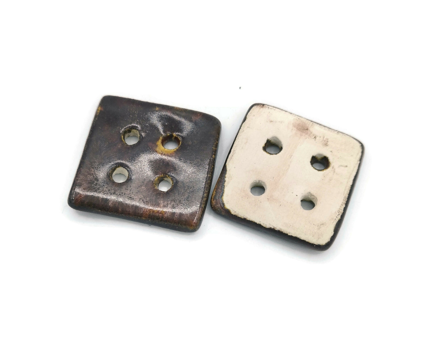 2Pc Handmade Ceramic Sewing Buttons | 30mm Square 4 Hole, Brown Sparkly for Crafts