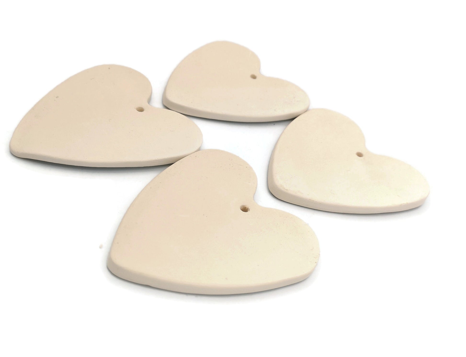 Blank Heart Charm, 4 Pc Handmade Ceramic Bisque Heart Shapes To Hang, Unpainted Diy Craft Kit For Valentines Day Ready To Paint - Ceramica Ana Rafael