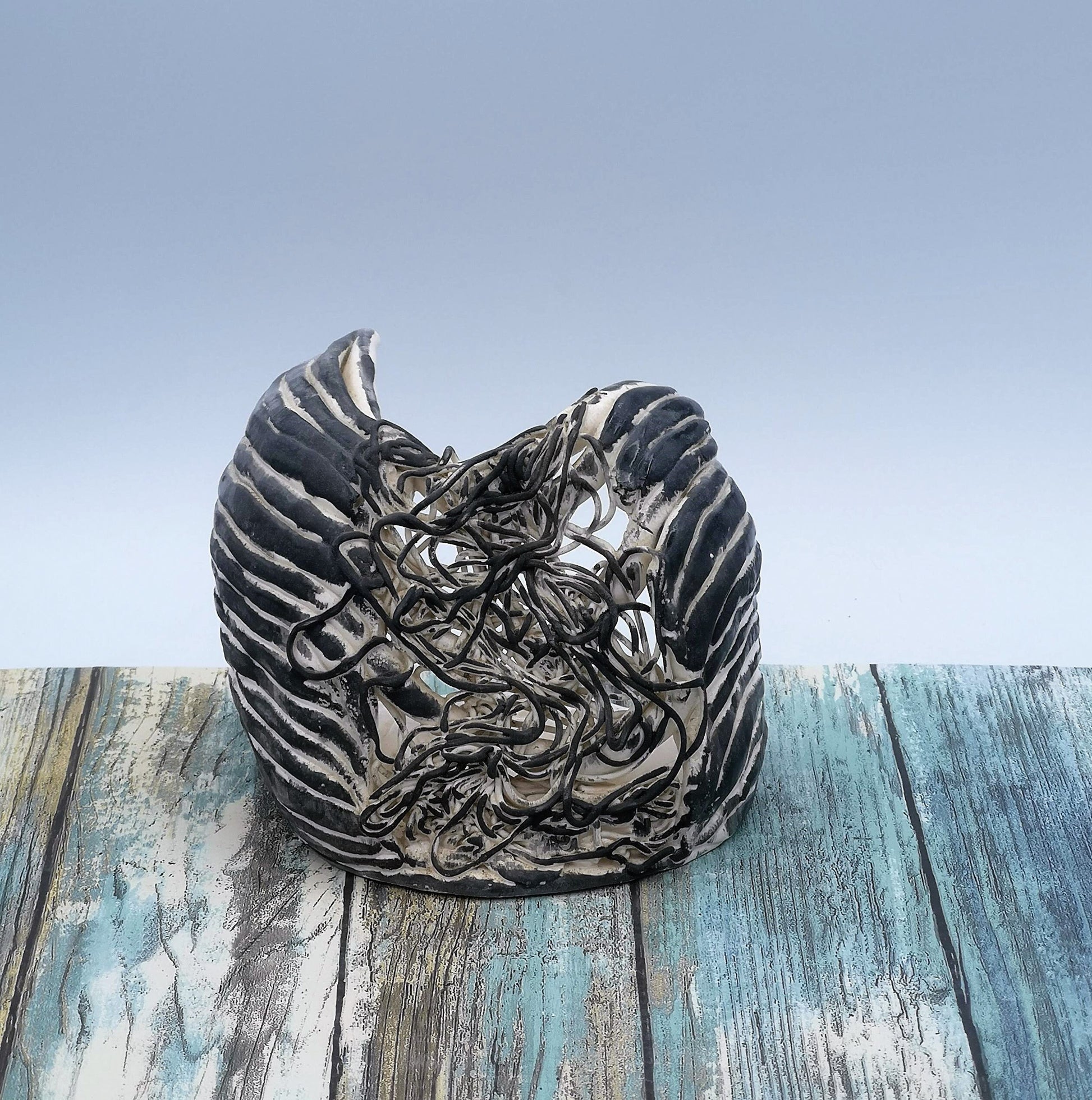 Black And White Handmade Ceramic Candle Holder For Home Decor, Artisan Votive Candle Holder, Abstract Tea Light Holder Gift Idea For Women - Ceramica Ana Rafael