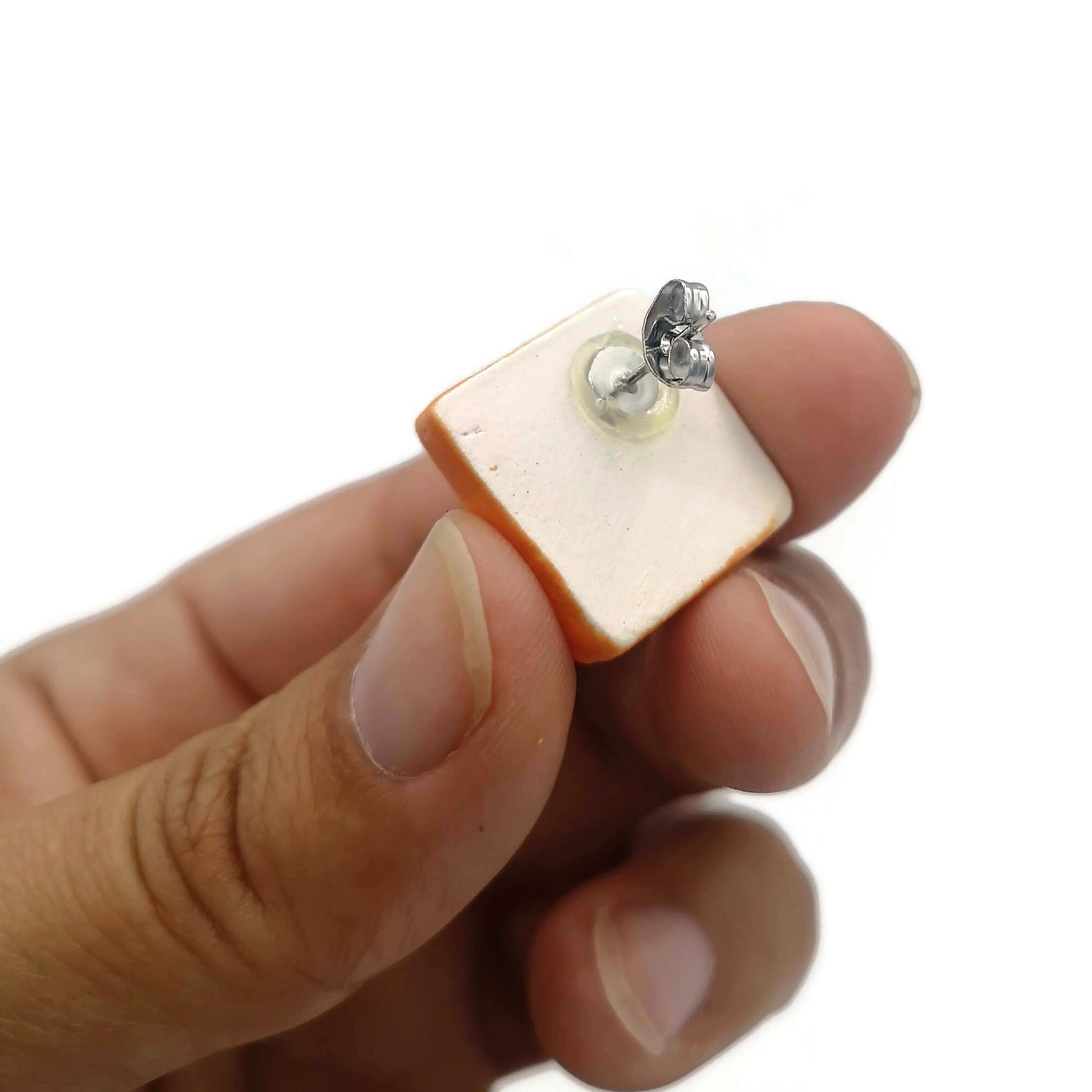 Orange Geometric Clay Stud Earrings For Women, Handmade Jewelry Gifts, Diamond Shape Ceramic Designer Earrings For Her, Best Gift For Her - Ceramica Ana Rafael