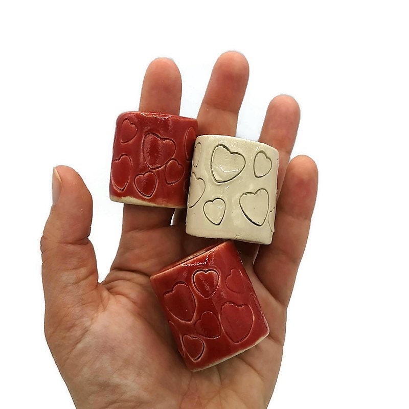 CERAMIC TUBE BEADS For Macrame, 1Pc 35mm Long Large Hole Beads With Heart Design For Valentines Day Decor - Ceramica Ana Rafael