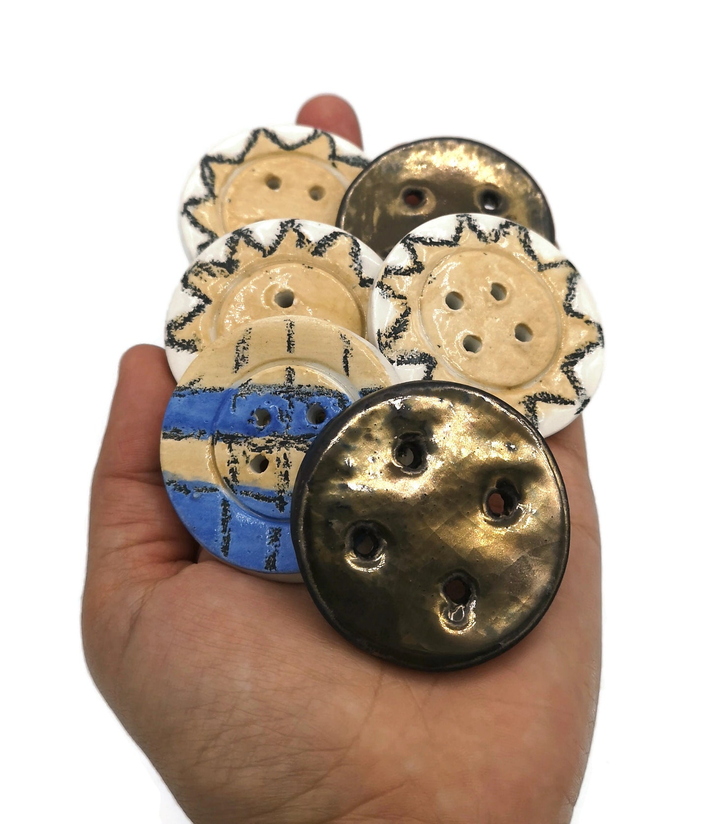 Set Of 6 Hand Painted Flat Buttons, Sun Buttons Sewing Supplies And Notions, Handmade Ceramic Strange And Unusual Metal Buttons - Ceramica Ana Rafael