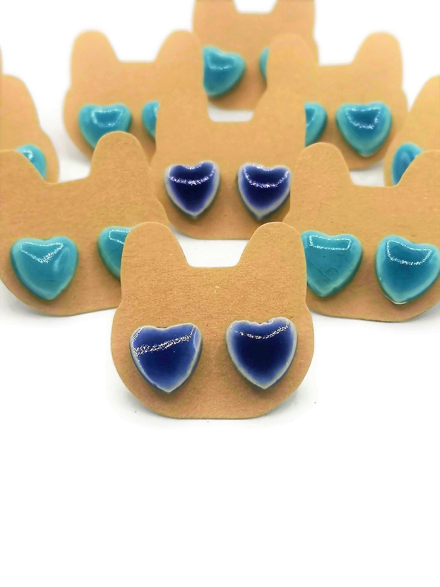 Handmade Ceramic Blue Heart Stud Earrings For Women, Minimalist Novelty Small Dainty Earrings, Best Gifts For Her On Valentines Day - Ceramica Ana Rafael