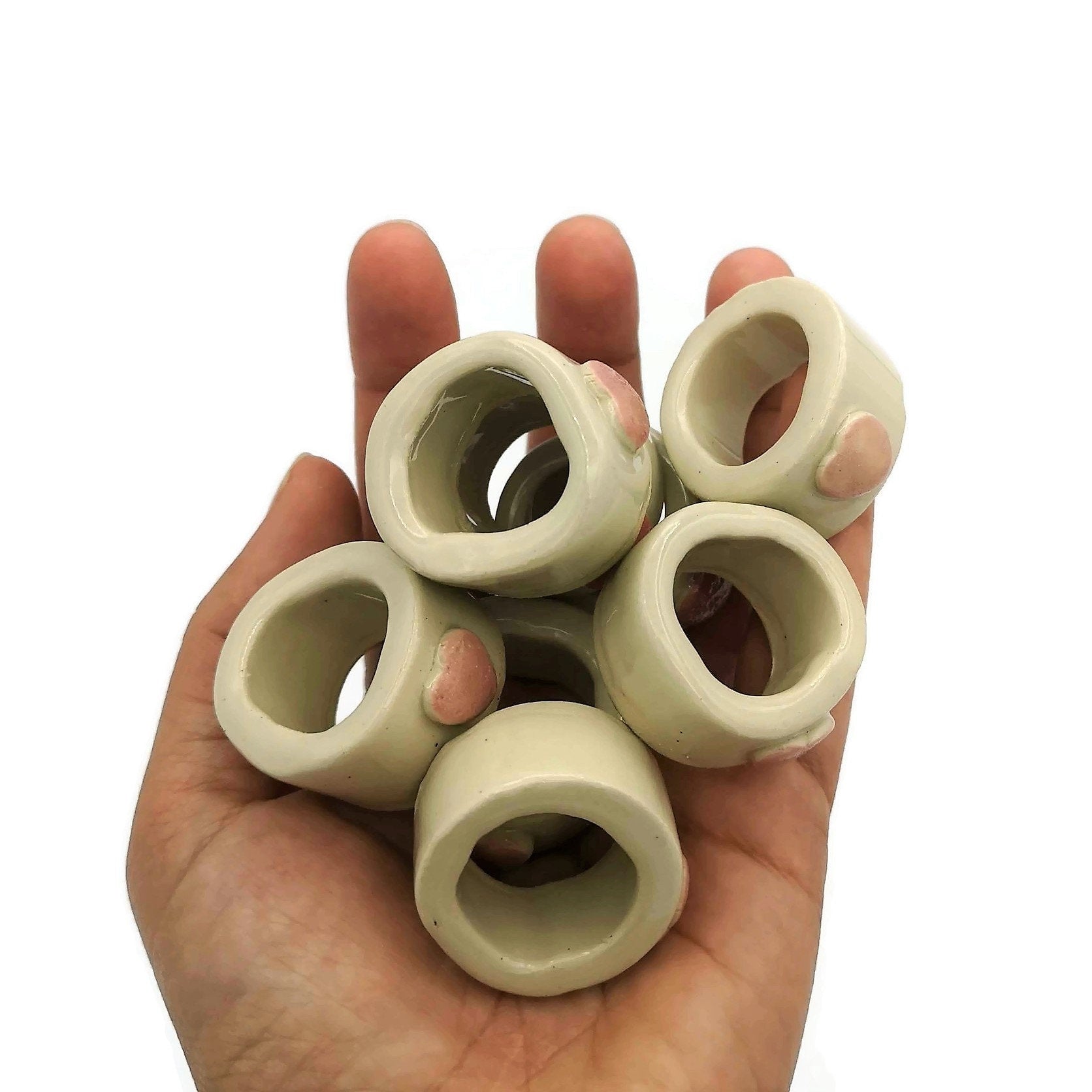 8Pc Extra Large Tube Beads, Handmade Ceramic Macrame Beads With Decorative Heart, Large Hole Beads, Napknig Rings - Ceramica Ana Rafael