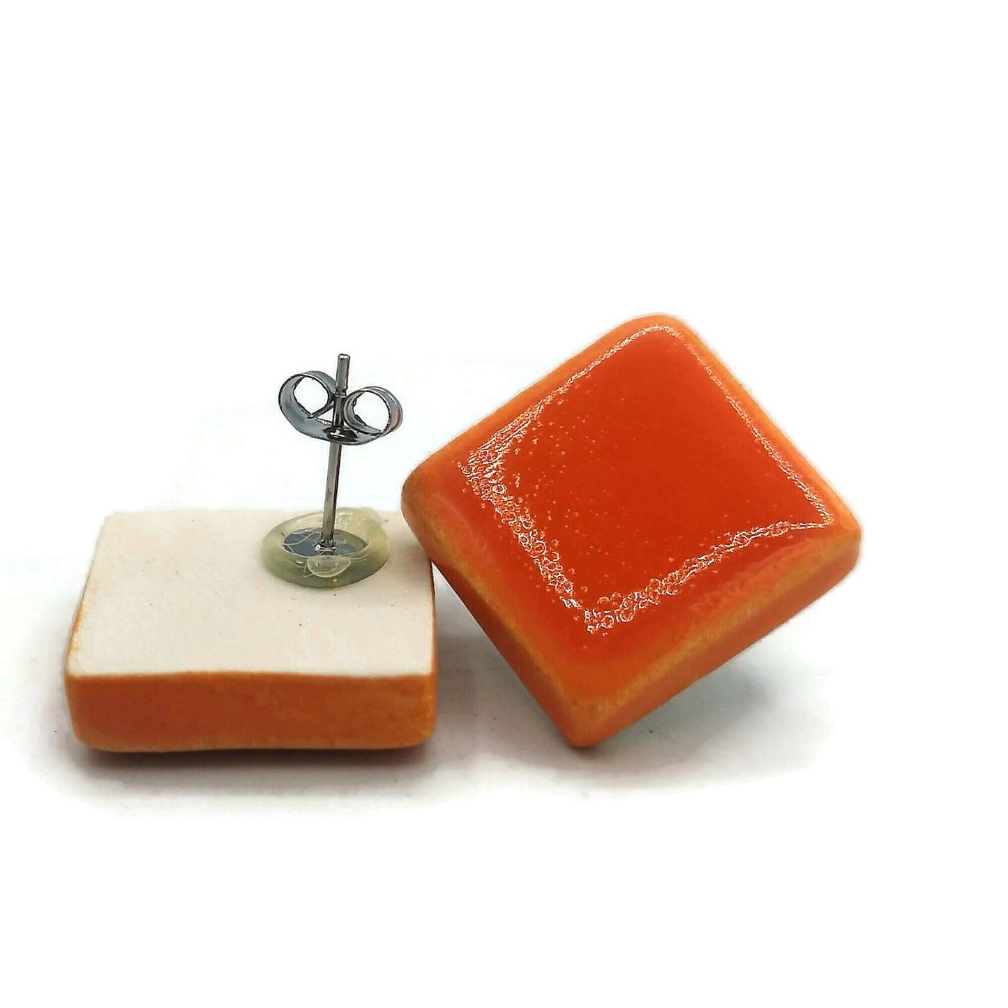 Orange Geometric Clay Stud Earrings For Women, Handmade Jewelry Gifts, Diamond Shape Ceramic Designer Earrings For Her, Best Gift For Her - Ceramica Ana Rafael