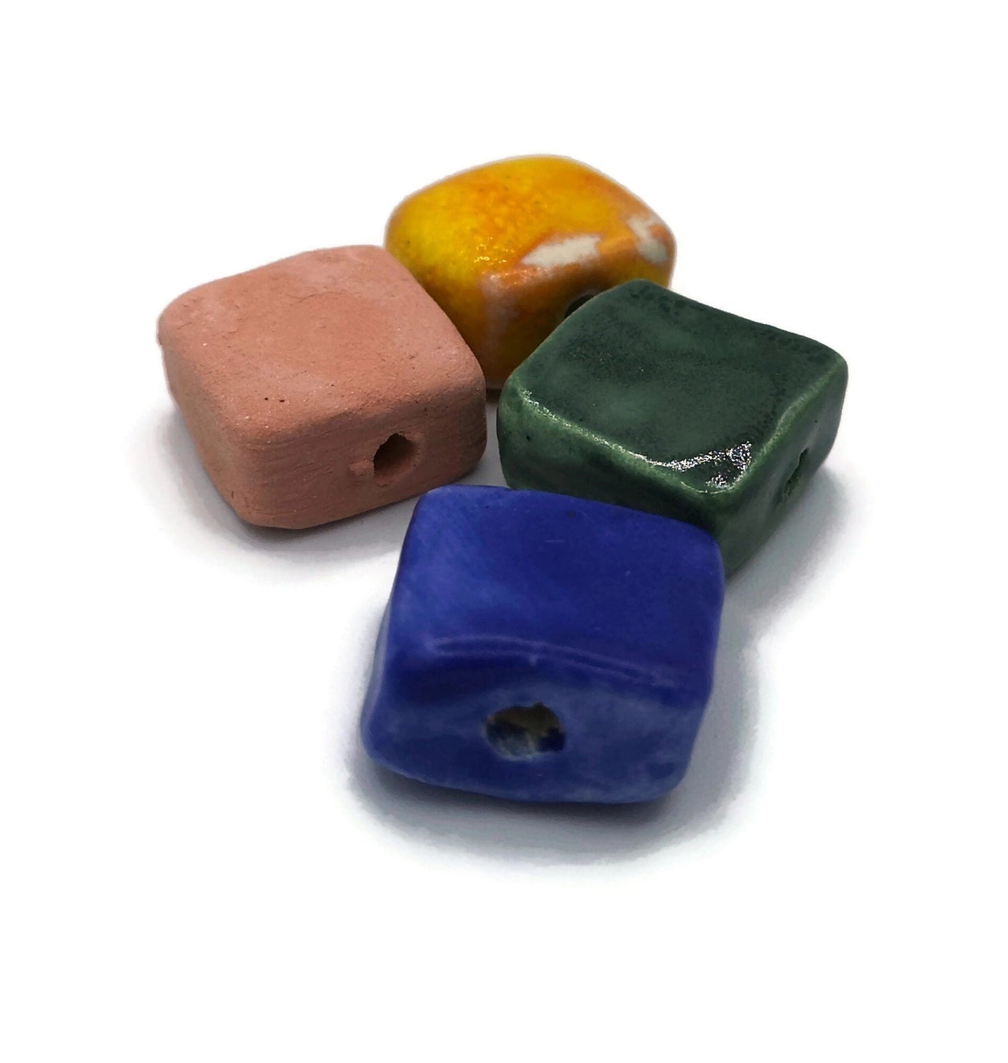 Set Of 4 Assorted Beads, Clay Beads For Crafts, Handmade Ceramic Macrame Beads, Square Shape Large Beads, Unusual Pottery Beads - Ceramica Ana Rafael