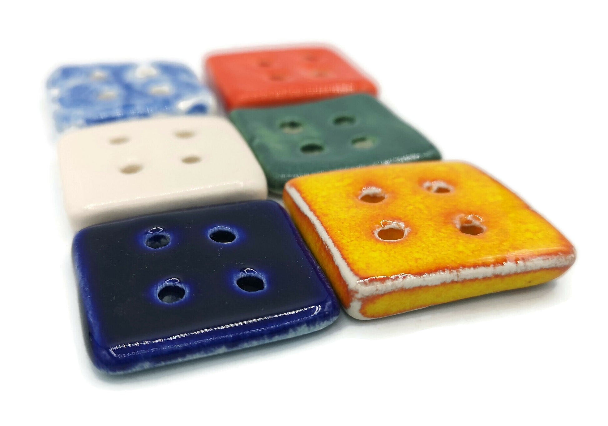 6Pc 30mm Handmade Ceramic Extra Large Sewing Buttons, Novelty Buttons For Crafts, Unusual Square Colourful Buttons For Coat Or Jacket - Ceramica Ana Rafael