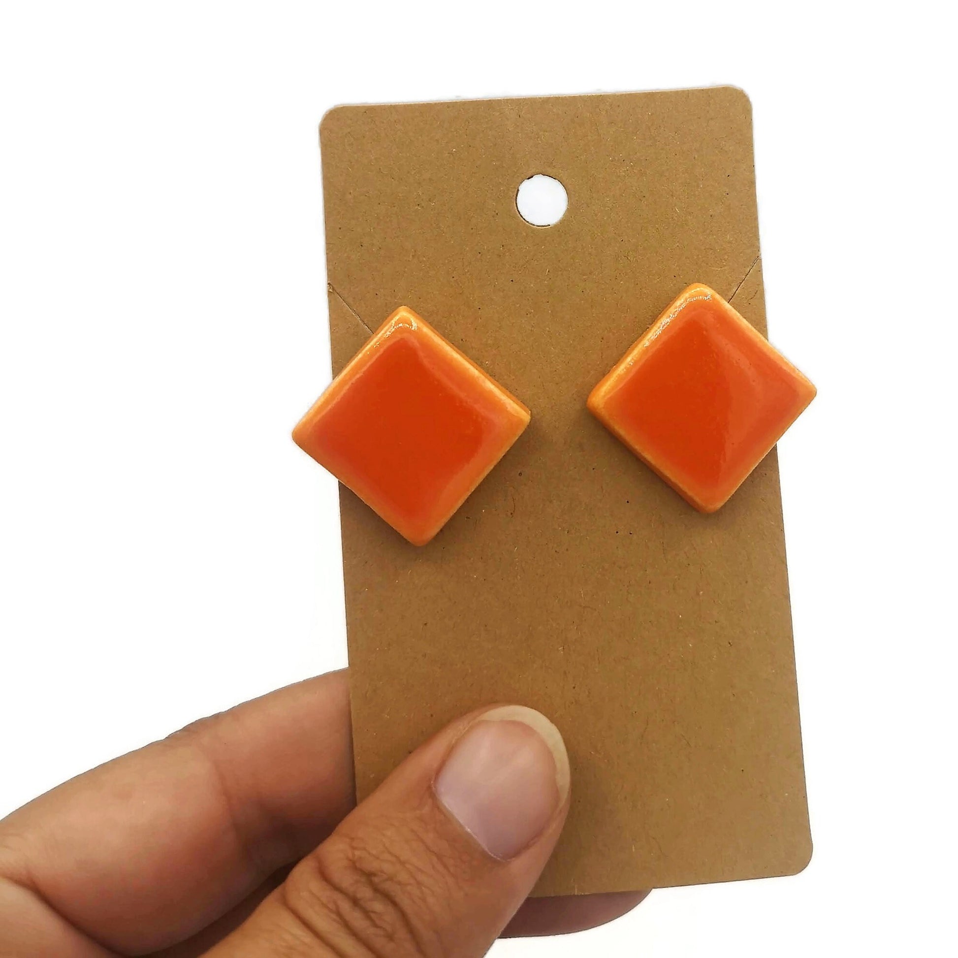 Orange Geometric Clay Stud Earrings For Women, Handmade Jewelry Gifts, Diamond Shape Ceramic Designer Earrings For Her, Best Gift For Her - Ceramica Ana Rafael