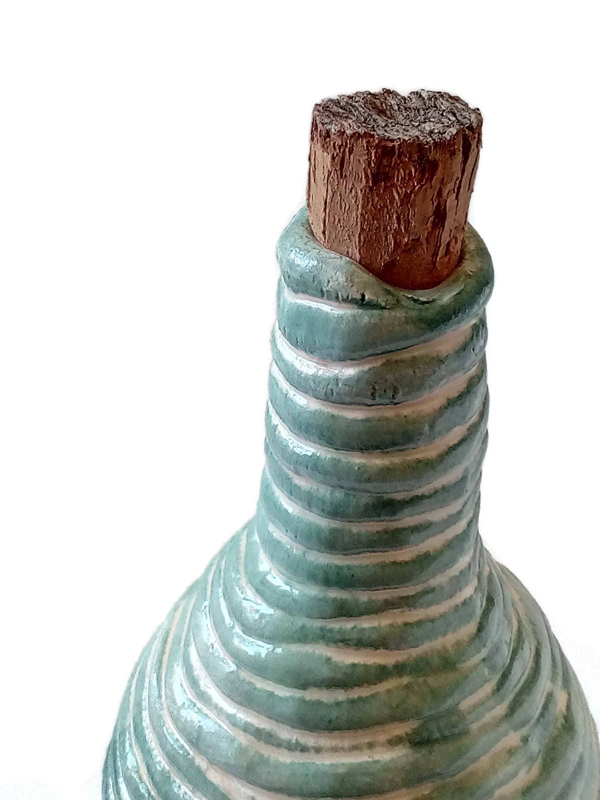 Handmade Ceramic Decorative Bottle With Cork Stopper, Housewarming Gift First Home, Green Irregular Shaped Vase Textured - Ceramica Ana Rafael