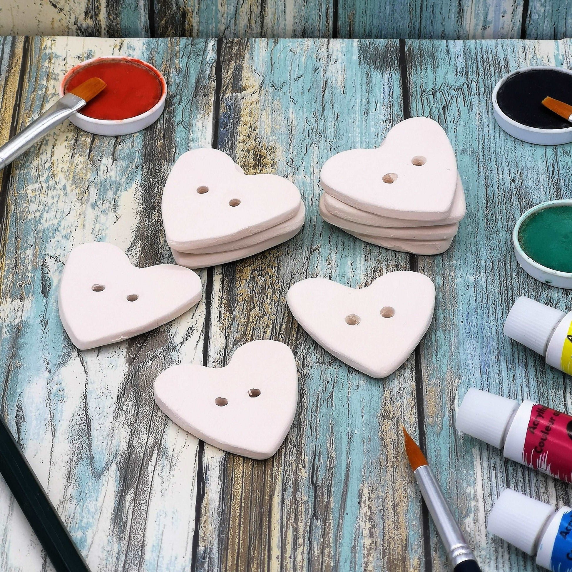 10Pc Large Heart Sewing Buttons Blank, Unpainted Ceramic Bisque Ready To Paint, Best Sellers Do It Yourself - Ceramica Ana Rafael