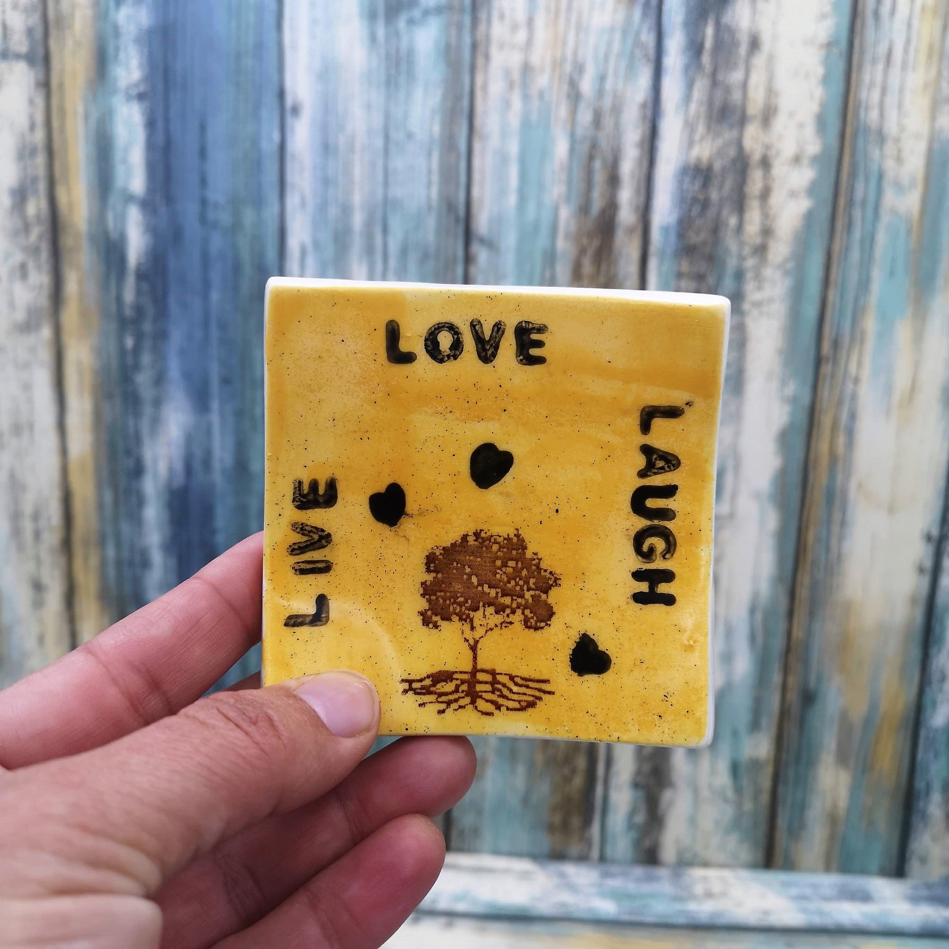 Ring Holder, Aesthetic Ring Tray, Live Laugh Love Ceramic Ring Dish, Small Square Shape Tree Of Life Trinket Dishes For Galentines Day Gifts - Ceramica Ana Rafael