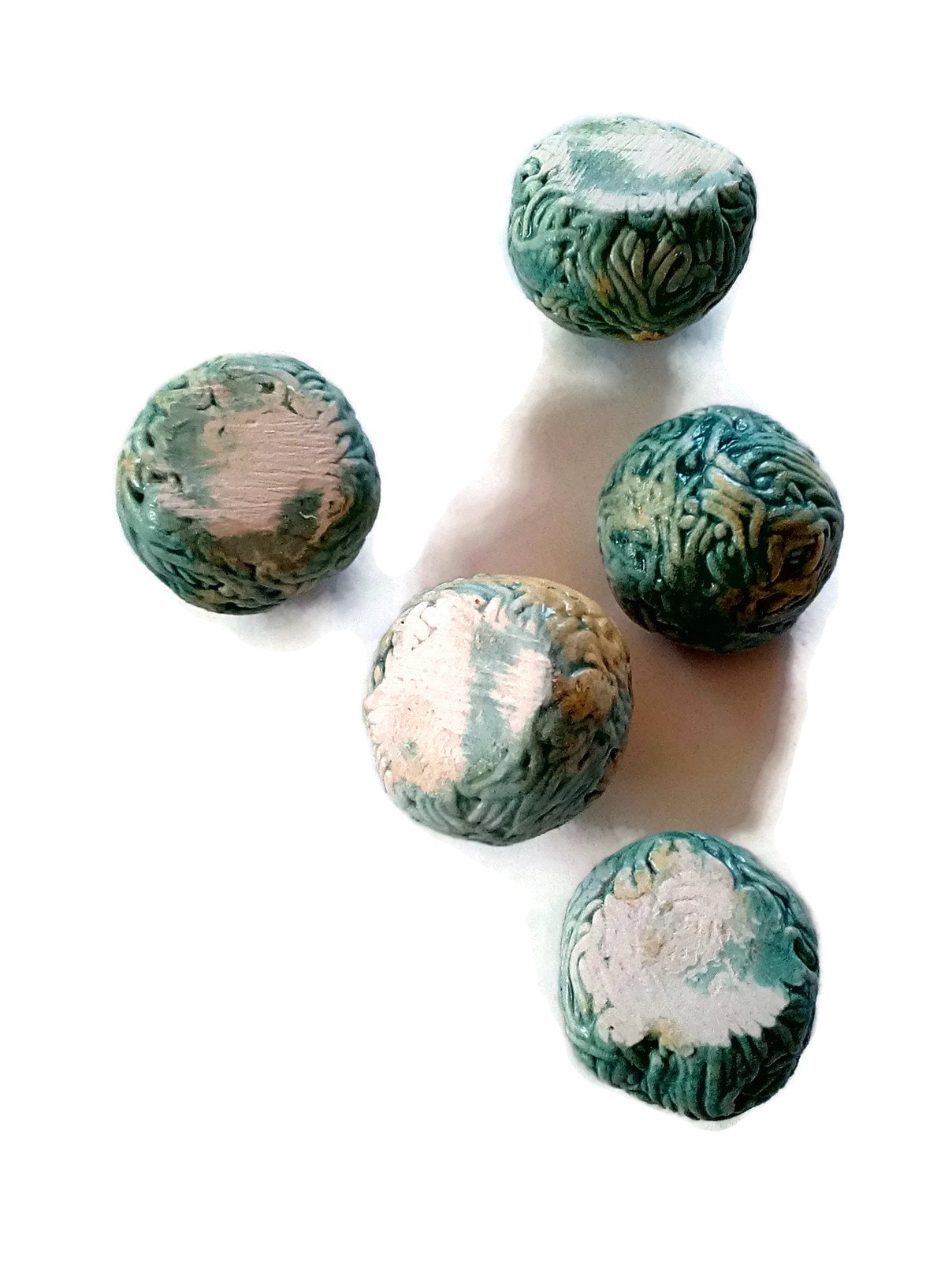5Pc Green Assorted Round Cabochon Strange And Unusual, Handmade Ceramic Beads No Hole For Jewelry Making, Porcelain - Ceramica Ana Rafael