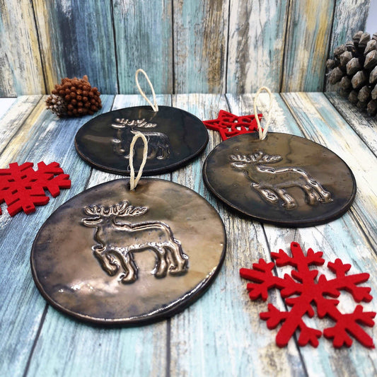 1Pc Golden Handmade Ceramic Reindeer Ornament, Christmas Tree Decoration, Antique Looking Winter Wall Hanging Decor