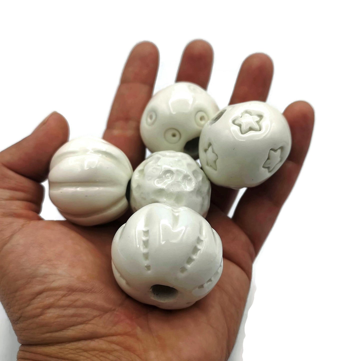 5Pc 30mm Handmade Ceramic Textured Round Beads, Clay Beads for Jewelry Making and Macrame Supplies, Large Hole Beads - Ceramica Ana Rafael