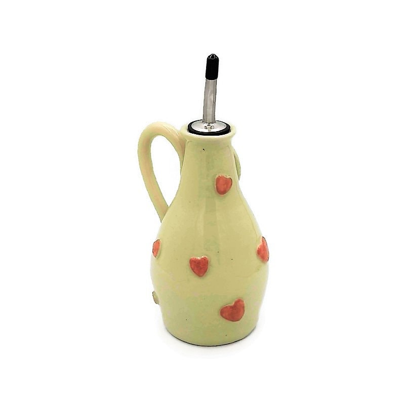 Handmade Ceramic Beige With Pink Hearts Olive Oil Dispenser, Stoneware Pottery Olive Oil Cruet, Decorative Bottles, Mothers Day Cooking Gift - Ceramica Ana Rafael