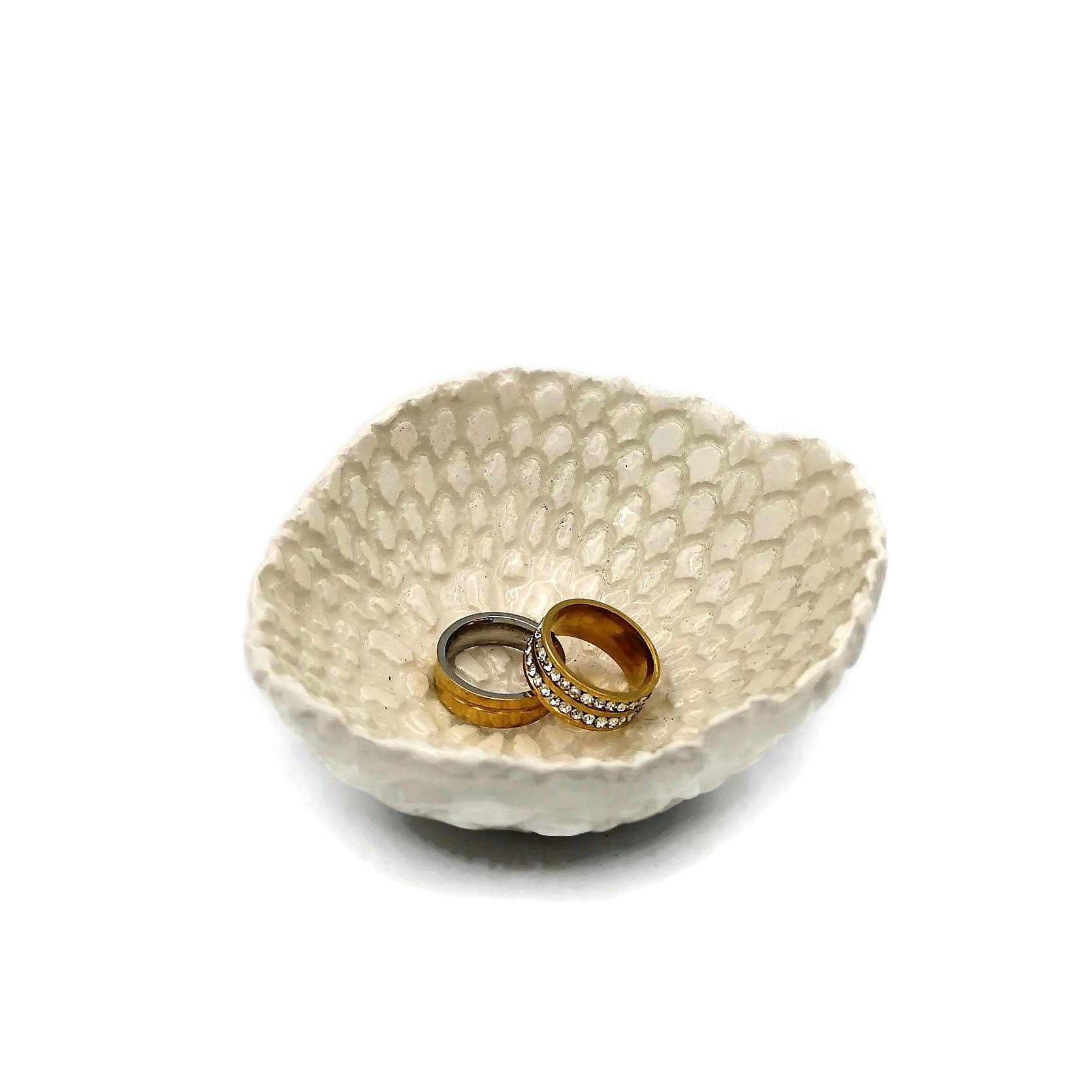 Small Handmade Ceramic Bowl Set 2Pc White Textured Pottery Ring Holder, Clay Trinket Dish Mom Birthday Gift From Daughter, Jewelry Organizer - Ceramica Ana Rafael