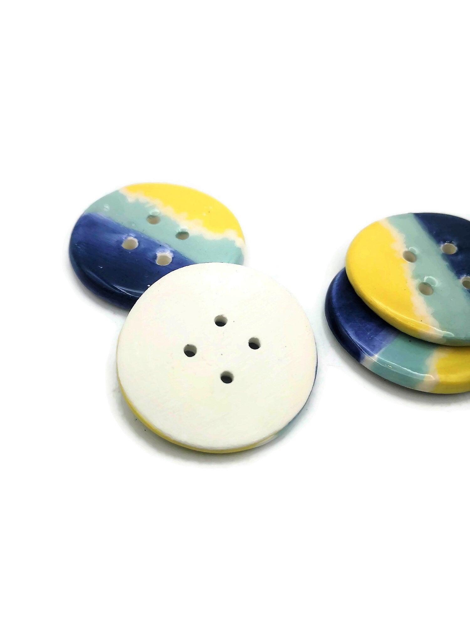 1Pc Handmade Ceramic Extra Large Buttons, Blue And Yellow Decorative Sewing Supplies And Notions, 4 Holes Novelty Beach Themed Coat Buttons - Ceramica Ana Rafael