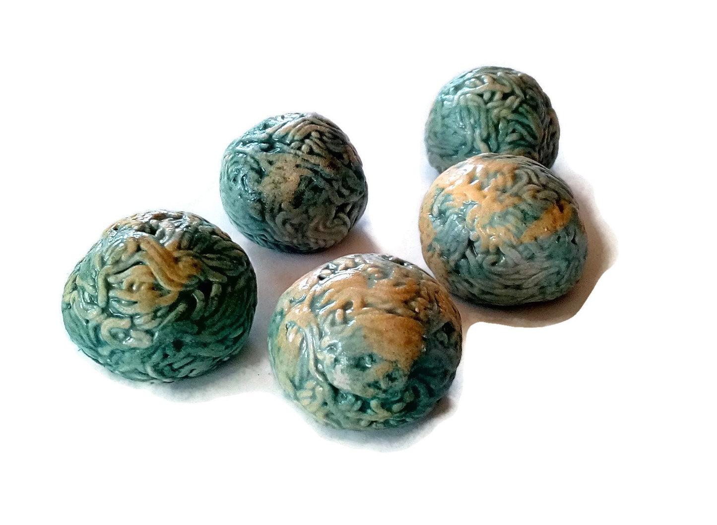 5Pc Green Assorted Round Cabochon Strange And Unusual, Handmade Ceramic Beads No Hole For Jewelry Making, Porcelain - Ceramica Ana Rafael