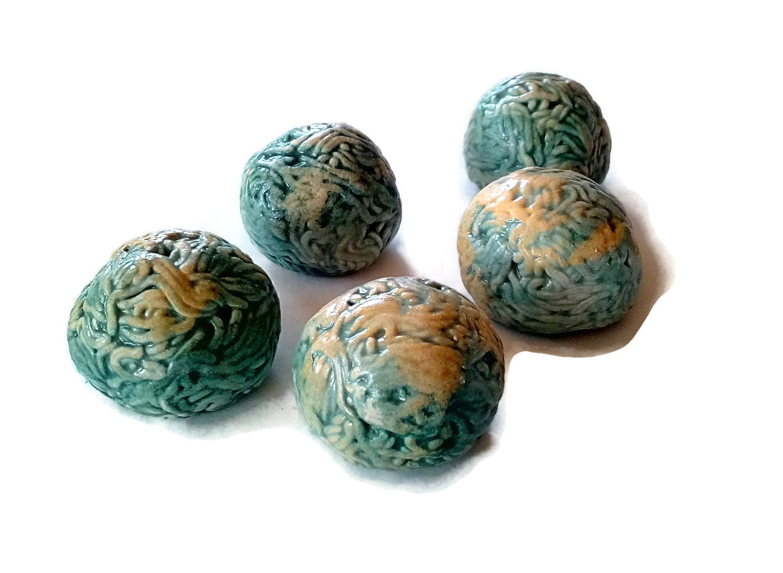 5Pc Green Assorted Round Cabochon Strange And Unusual, Handmade Ceramic Beads No Hole For Jewelry Making, Porcelain - Ceramica Ana Rafael