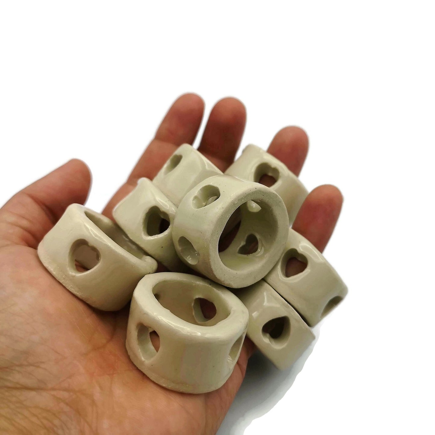 8Pc Extra Large Tube Beads, Handmade Ceramic Macrame Beads With Decorative Heart Shaped Holes - Ceramica Ana Rafael