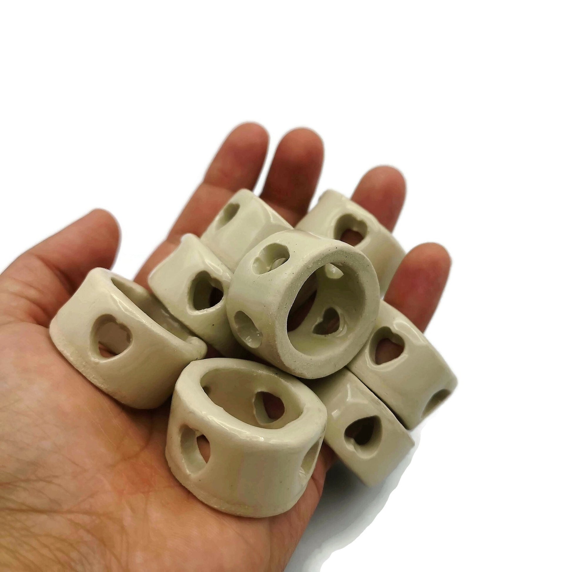 8Pc Extra Large Tube Beads, Handmade Ceramic Macrame Beads With Decorative Heart Shaped Holes - Ceramica Ana Rafael