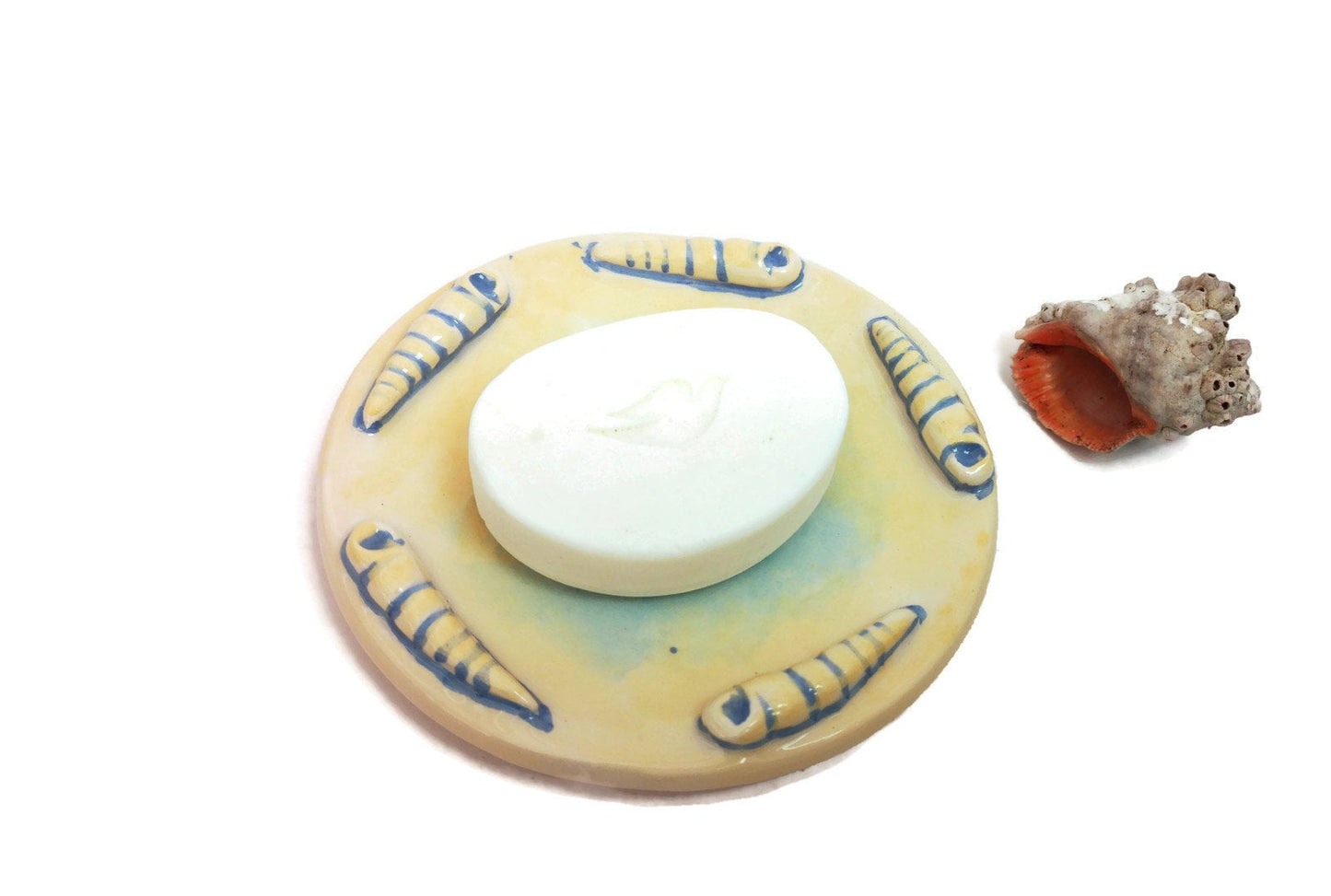 Handmade Ceramic Sea Shell Soap Dish Dispenser Yellow and Blue, Beach Themed Decor Draining Soap Bar Holder, Bathroom Tray For Shaving Soap - Ceramica Ana Rafael