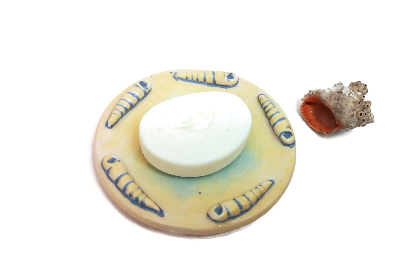 Handmade Ceramic Sea Shell Soap Dish Dispenser Yellow and Blue, Beach Themed Decor Draining Soap Bar Holder, Bathroom Tray For Shaving Soap - Ceramica Ana Rafael