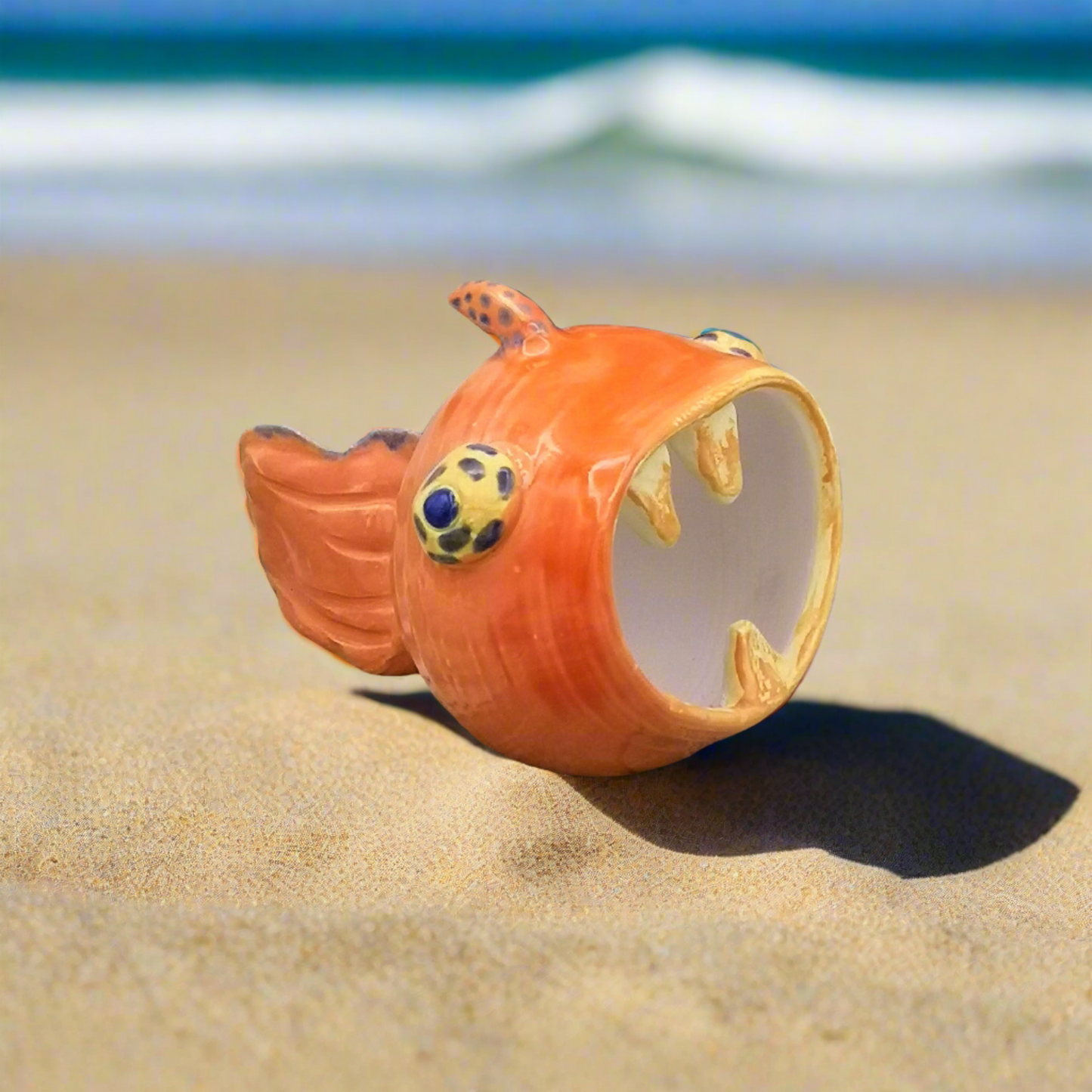 Handmade Ceramic Fish Sculpture – Orange Clay Art for Office Desk – Unique Gift for Him