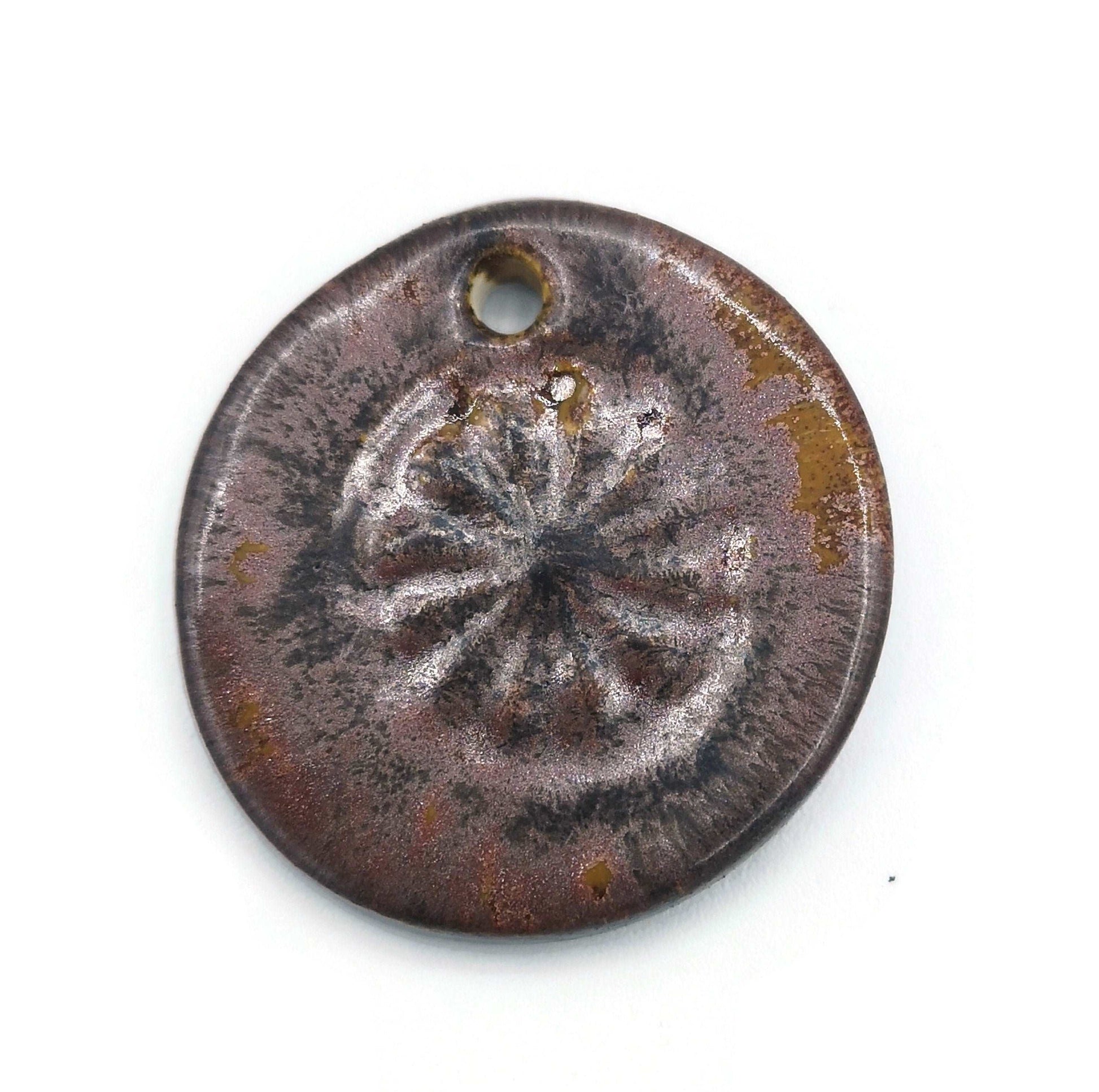 1Pc 40mm Extra Large Handmade Ceramic Necklace Pendant For Jewelry Making With Cooper Tones Poppy Design, Unique Clay Charm